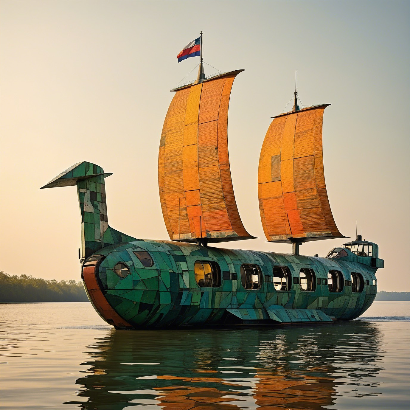 Colorful whimsical ship with orange sails on calm waters