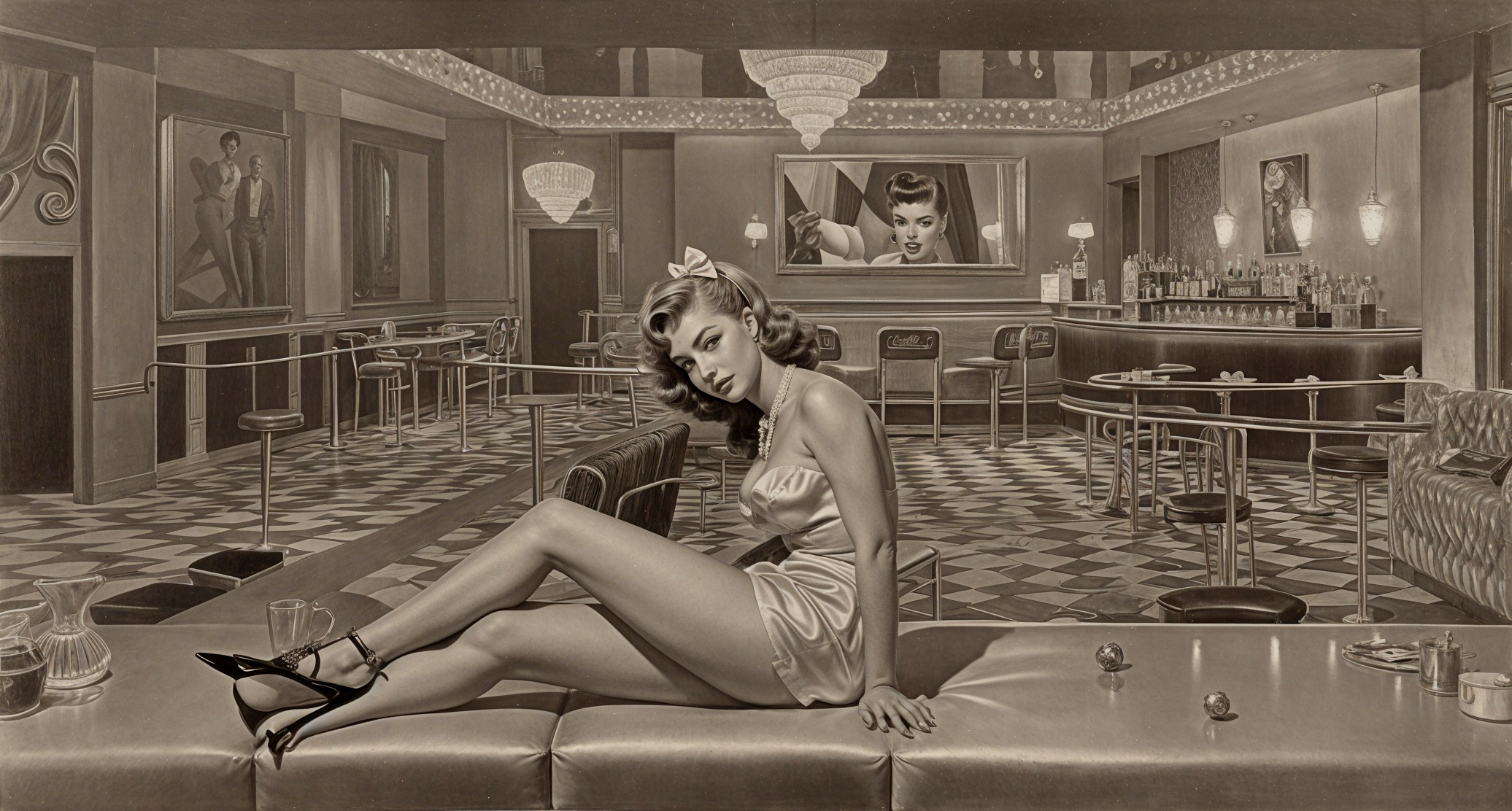 Vintage Monochrome Scene of Glamorous Nightclub Lounge