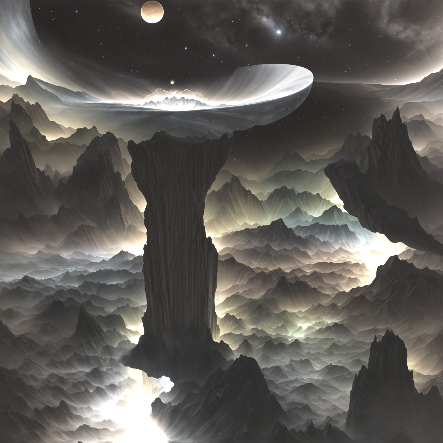 Ethereal Landscape with Jagged Mountains and Celestial Bodies