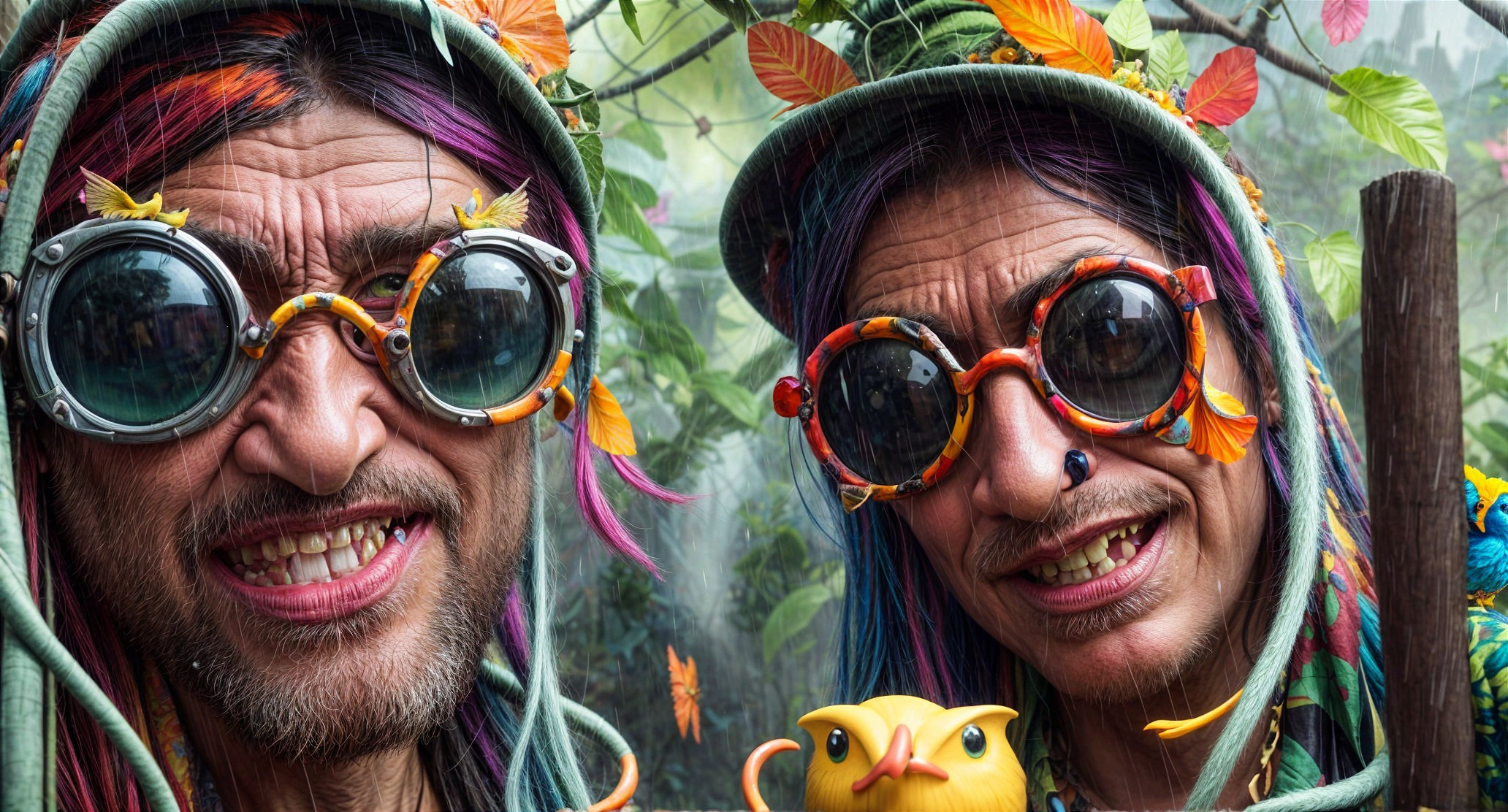 Playful Individuals with Colorful Hair in Tropical Setting