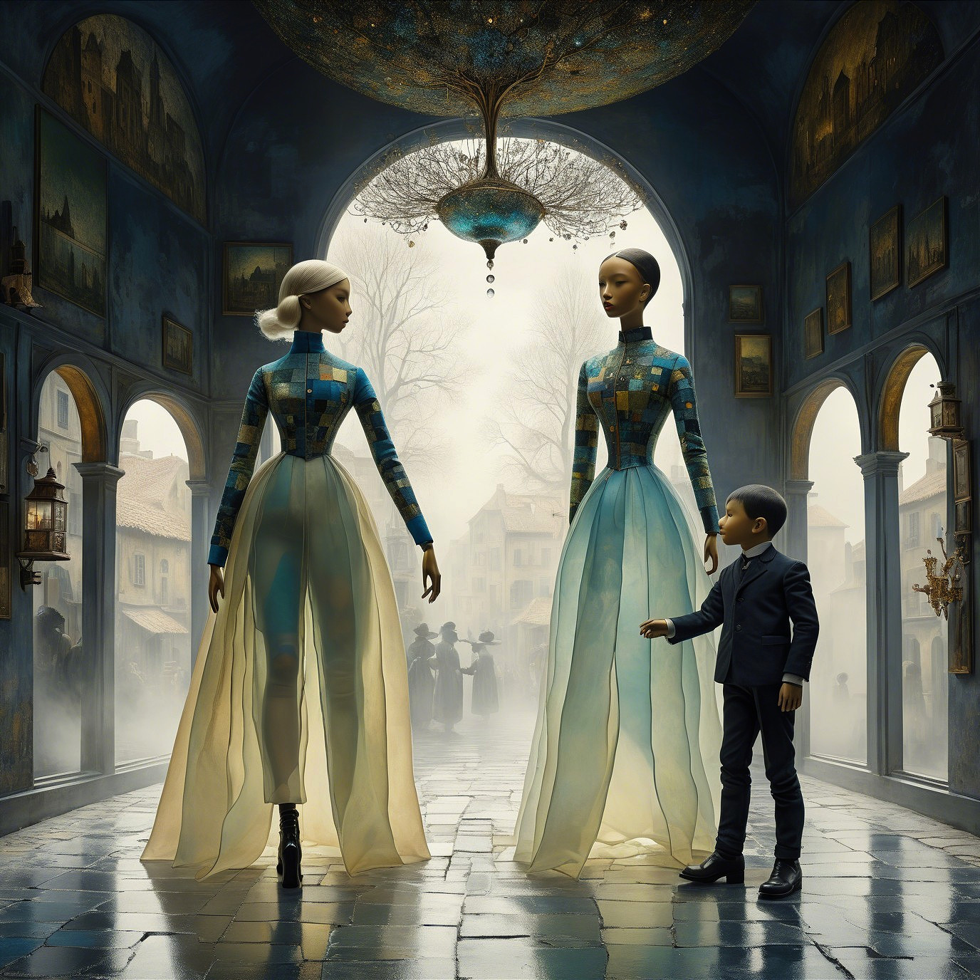 Mystical Archway with Mannequins and Foggy Street Scene