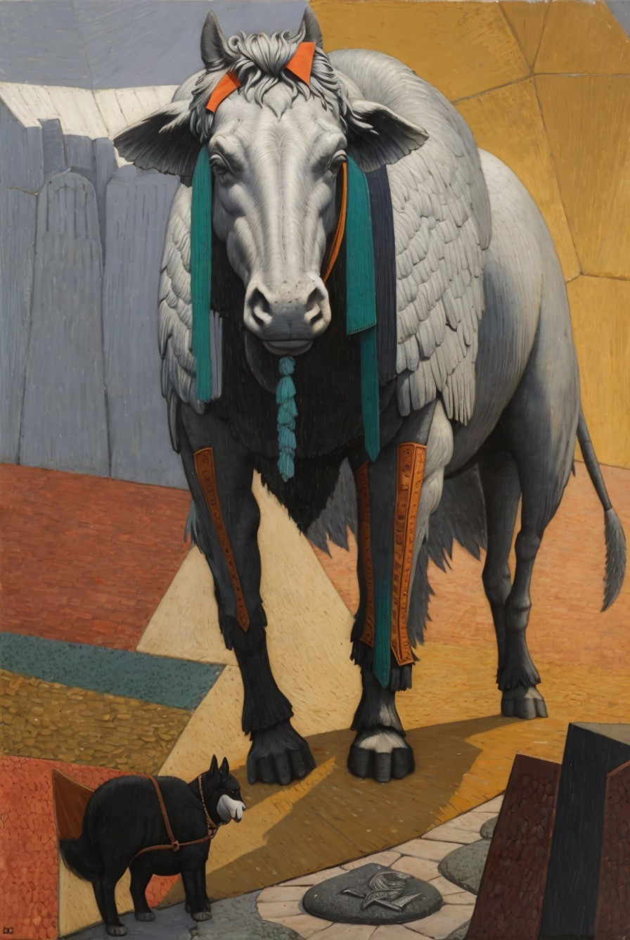 Surreal Painting of Anthropomorphic Sheep and Cat