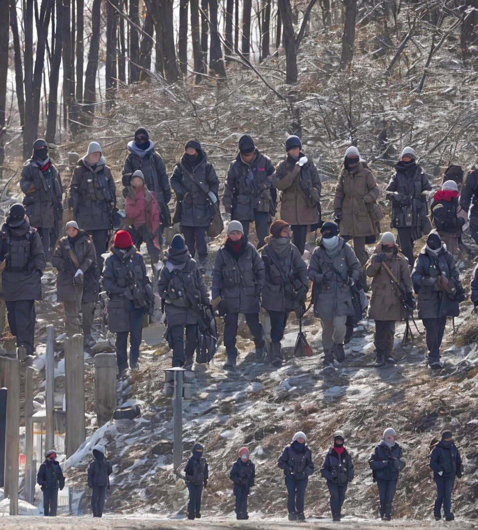 Soldiers in Winter Uniforms Marching Through Snowy Terrain
