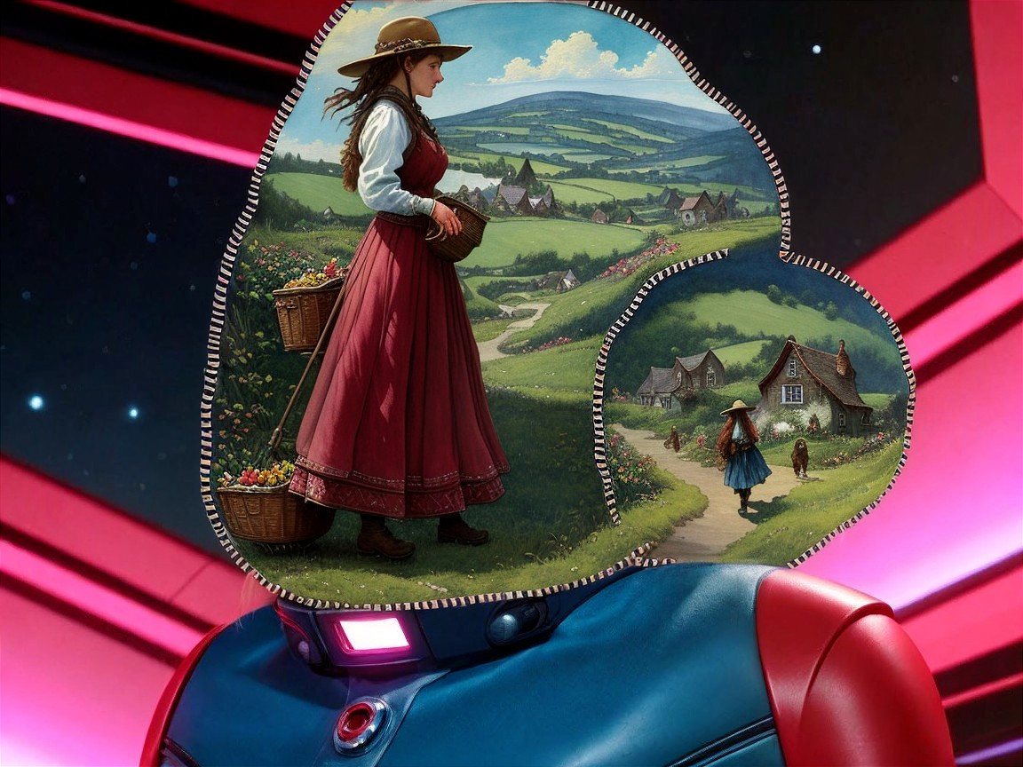 Futuristic Figure with Pastoral Digital Art Backdrop