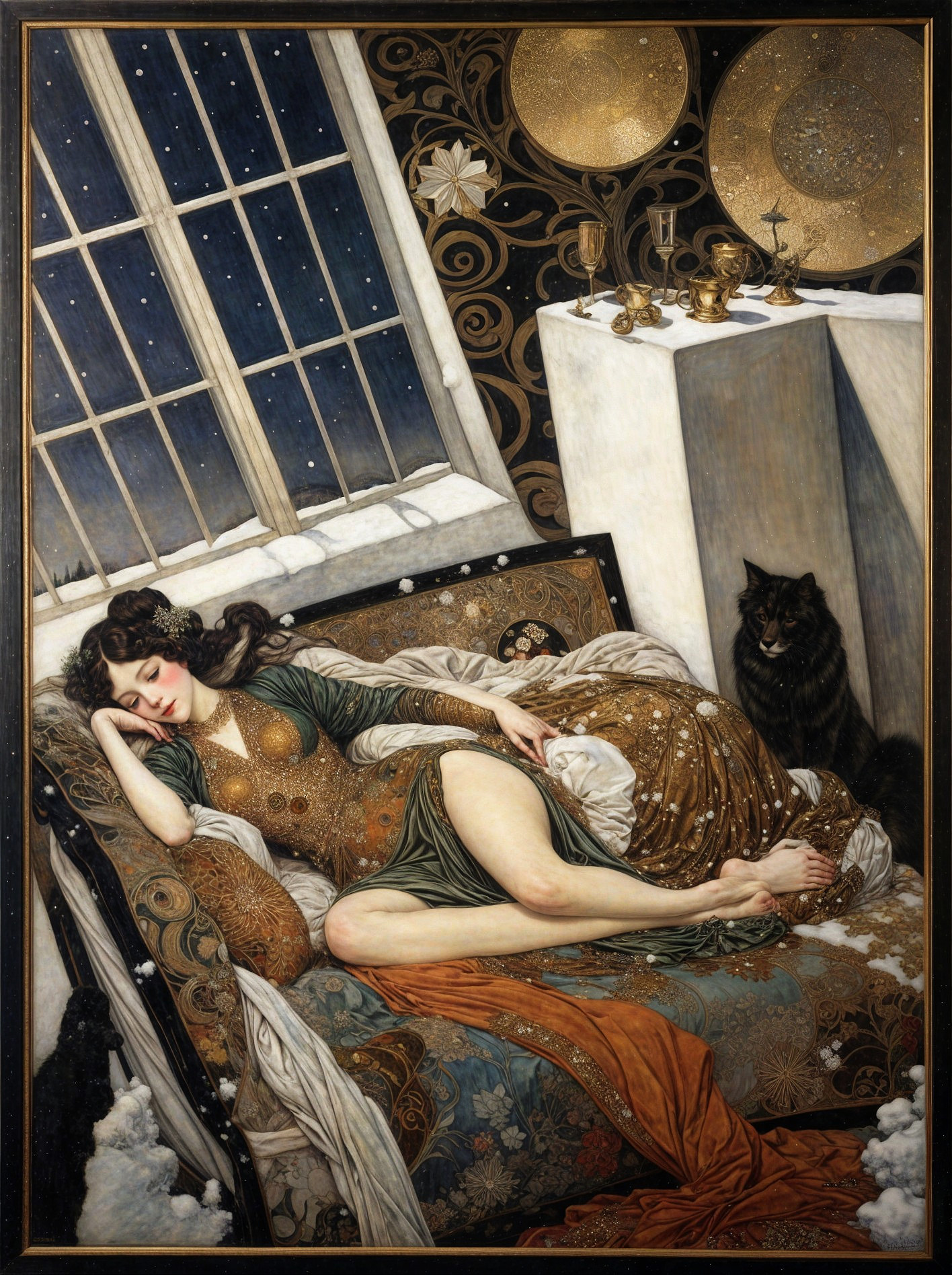 Serene woman in luxurious gown on ornate couch