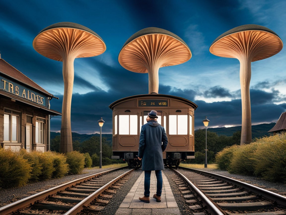 Surreal Landscape with Vintage Train Station and Mushrooms
