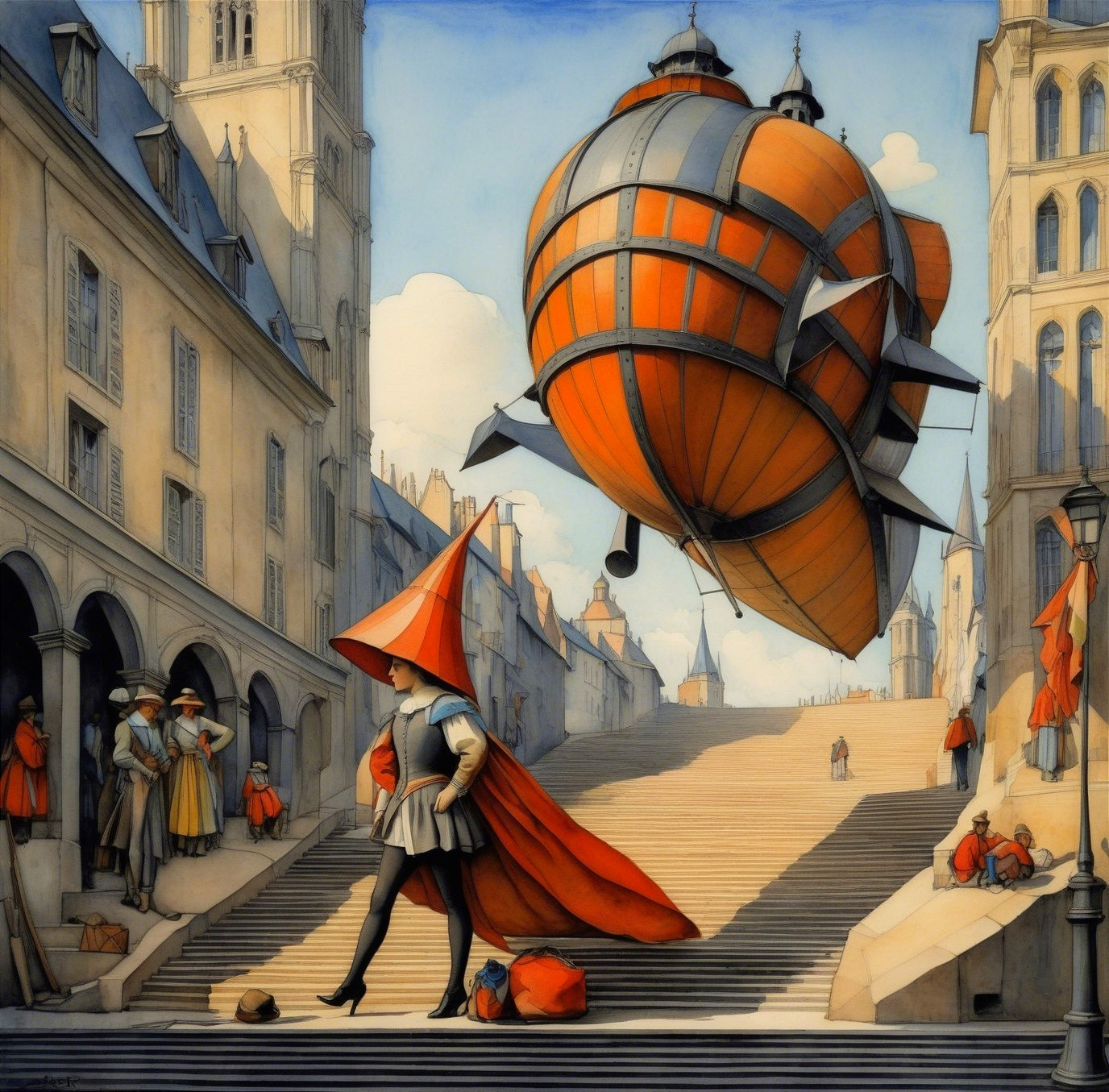 Whimsical European City with Steampunk Airship Scene