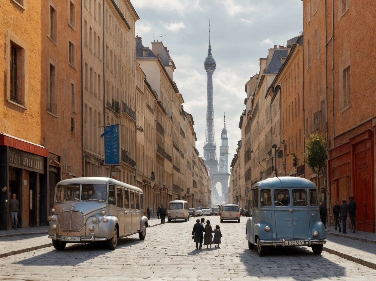 Vintage Vehicles and Eiffel Tower in Charming Street Scene