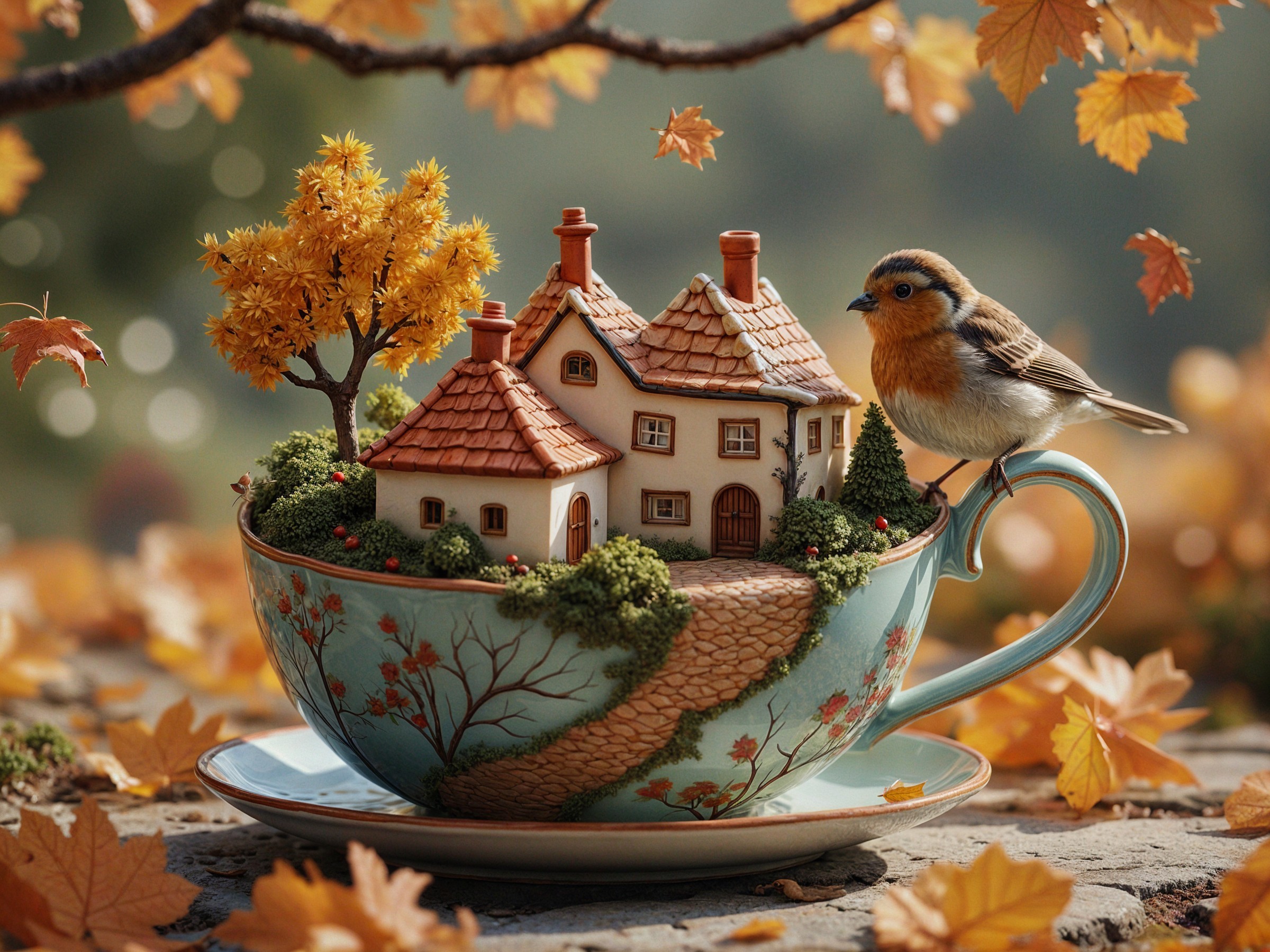 Miniature House in Tea Cup Surrounded by Autumn Leaves