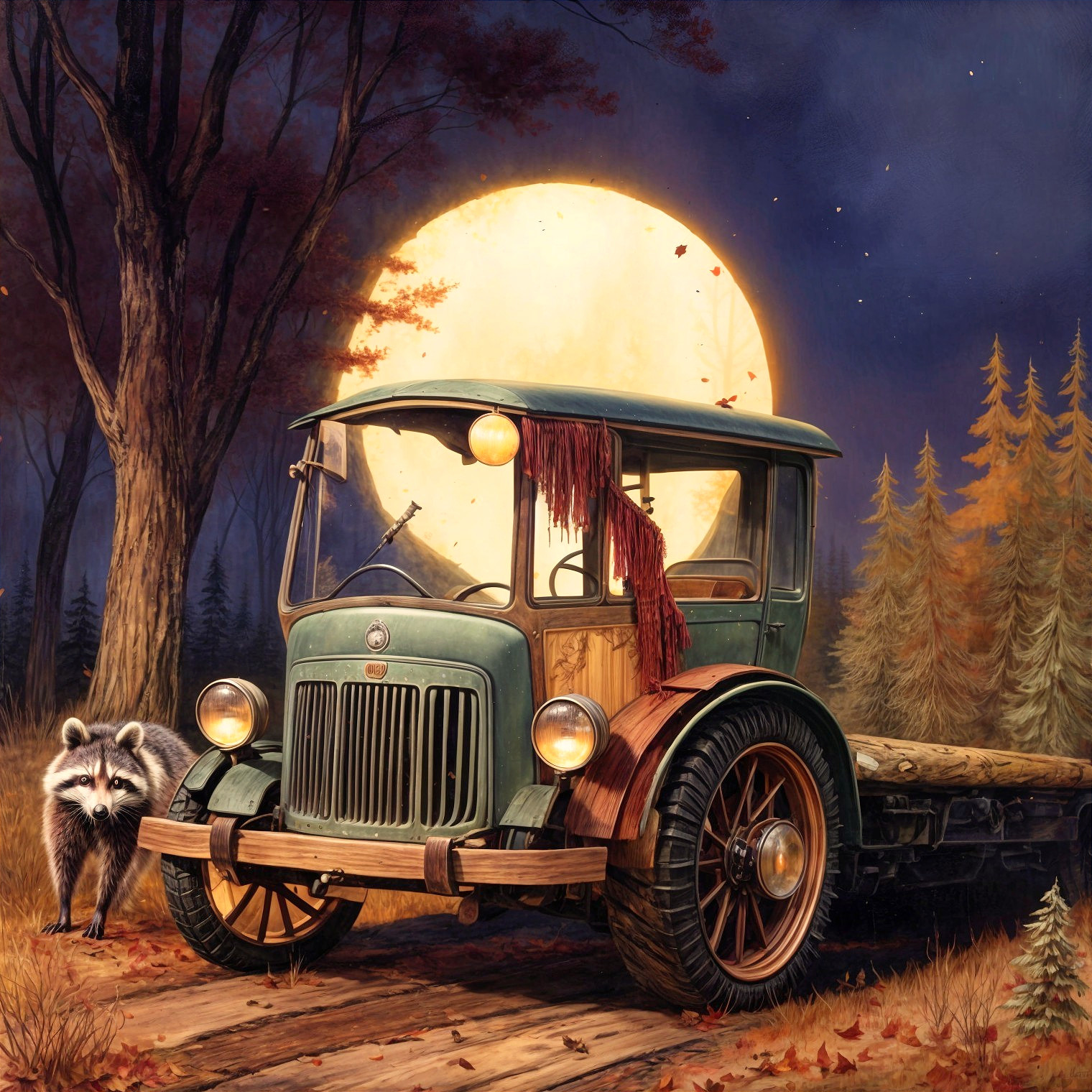 Vintage truck on a dirt path with autumn scenery