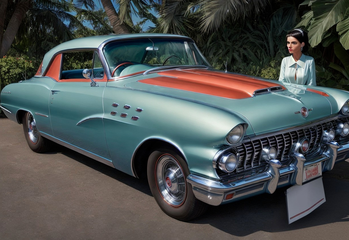 Vintage Car in Pastel Turquoise with Tropical Backdrop