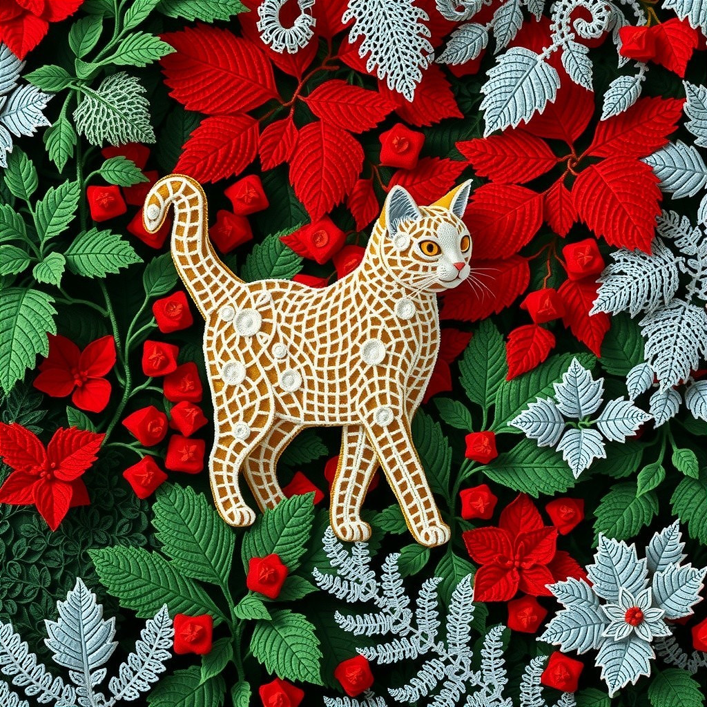 Intricately Designed Cat Amidst Vibrant Foliage