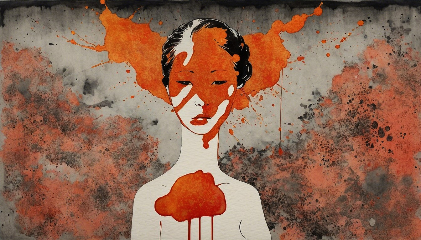 Stylized Female Figure with Vibrant Orange Splashes