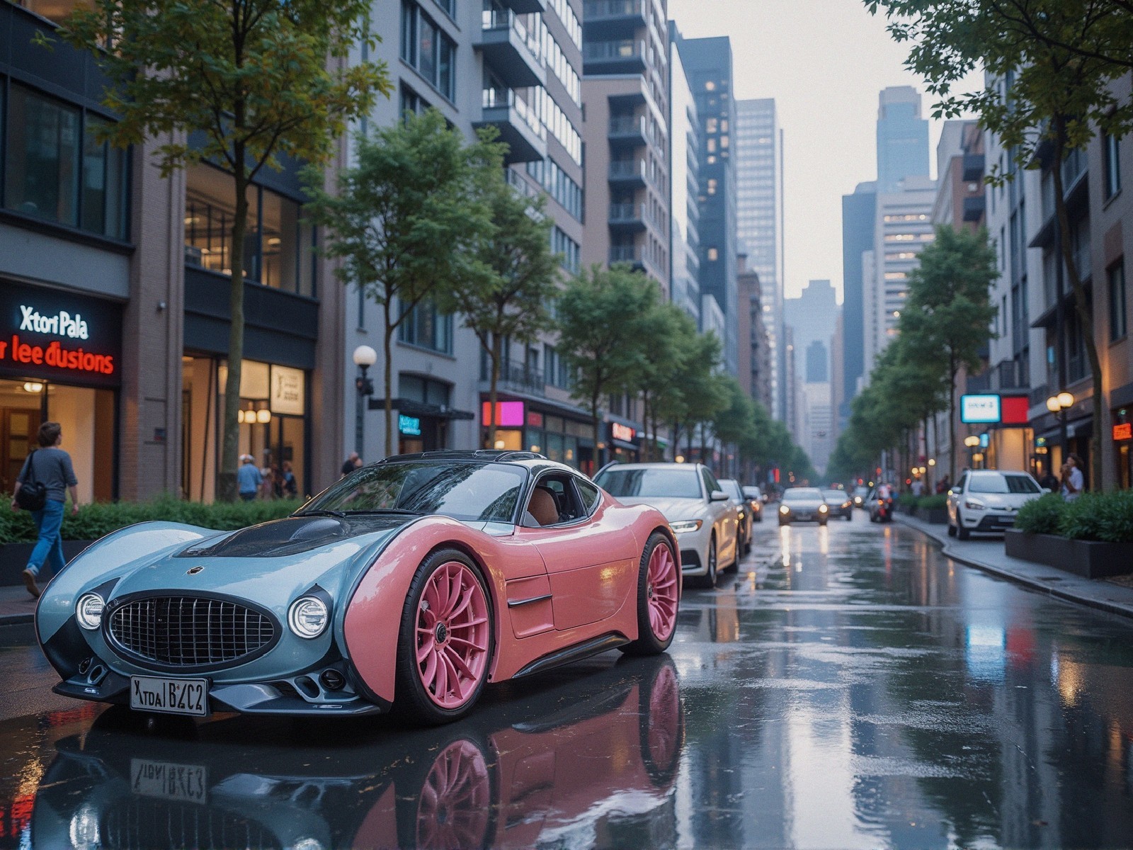 Futuristic Car on Rainy City Street with Reflections