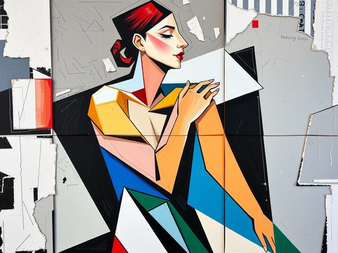 Stylized Female Figure in Geometric Shapes and Colors