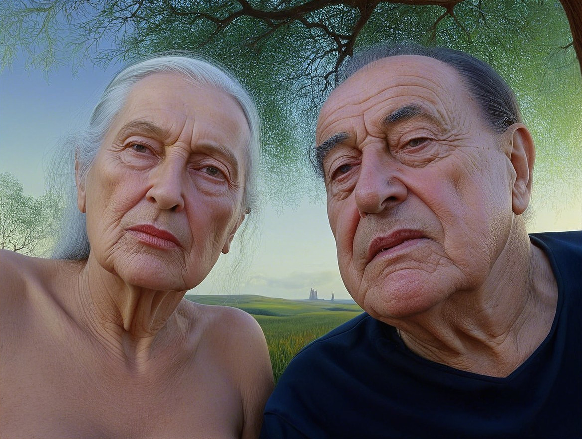 Elderly Couple with Expressive Faces in Serene Landscape