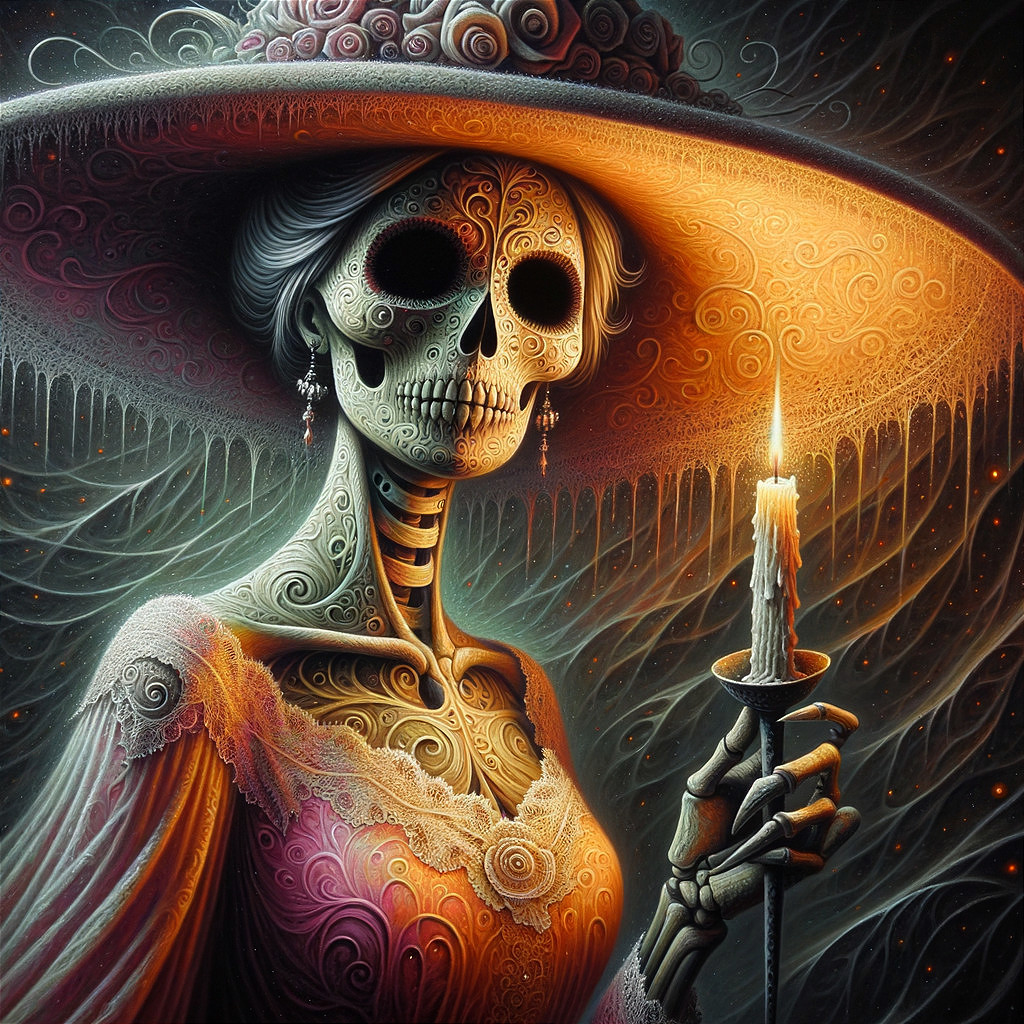 Intricate skeletal figure in gown with candle and patterns