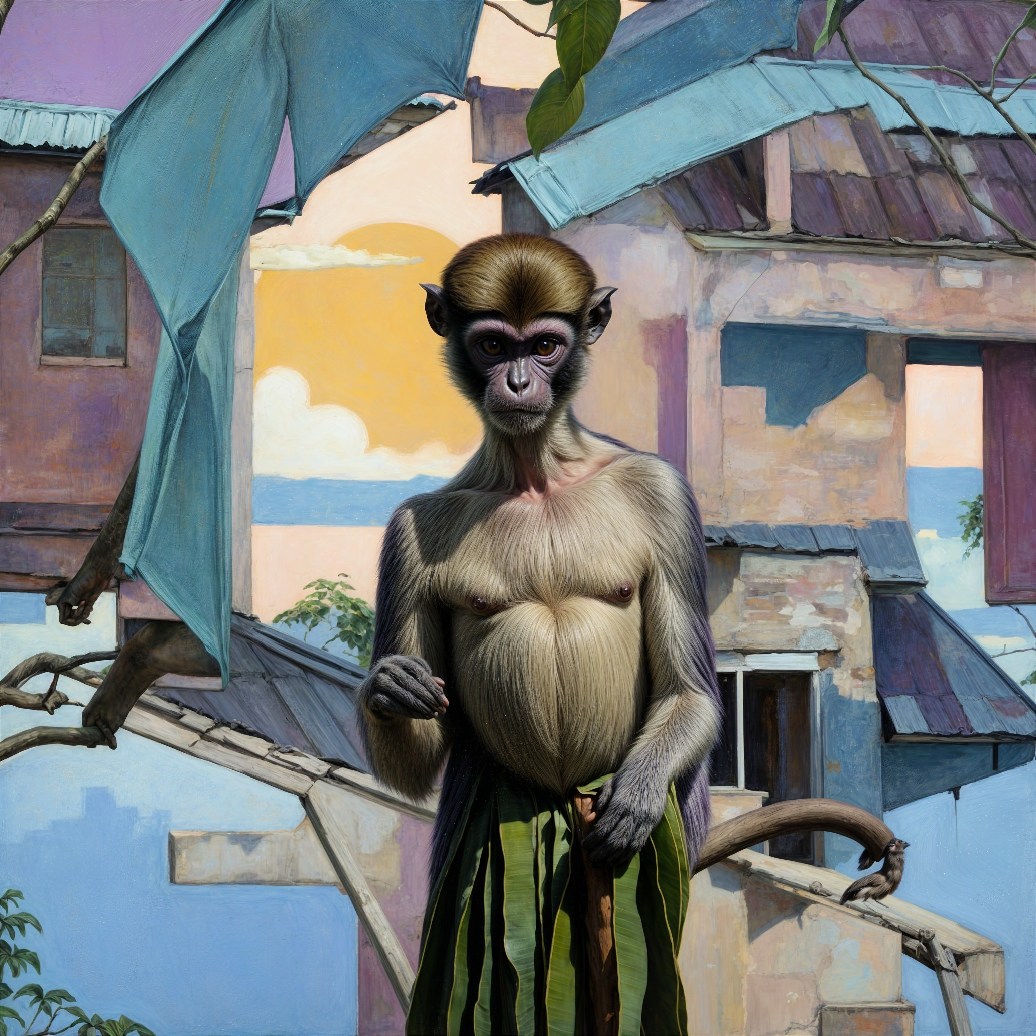 Monkey in Leaf Skirt Against Urban Decay at Sunset