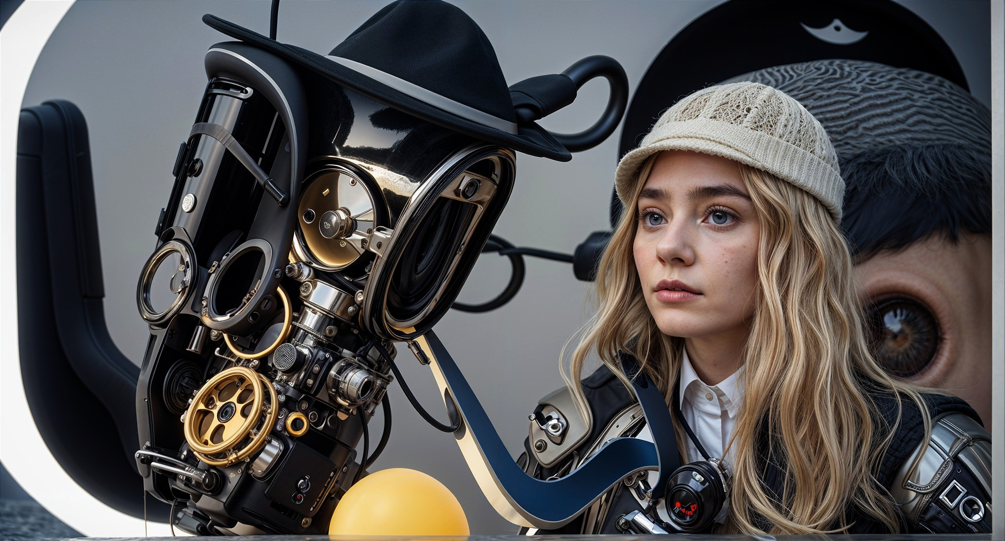 Young woman in steampunk fashion with whimsical robot