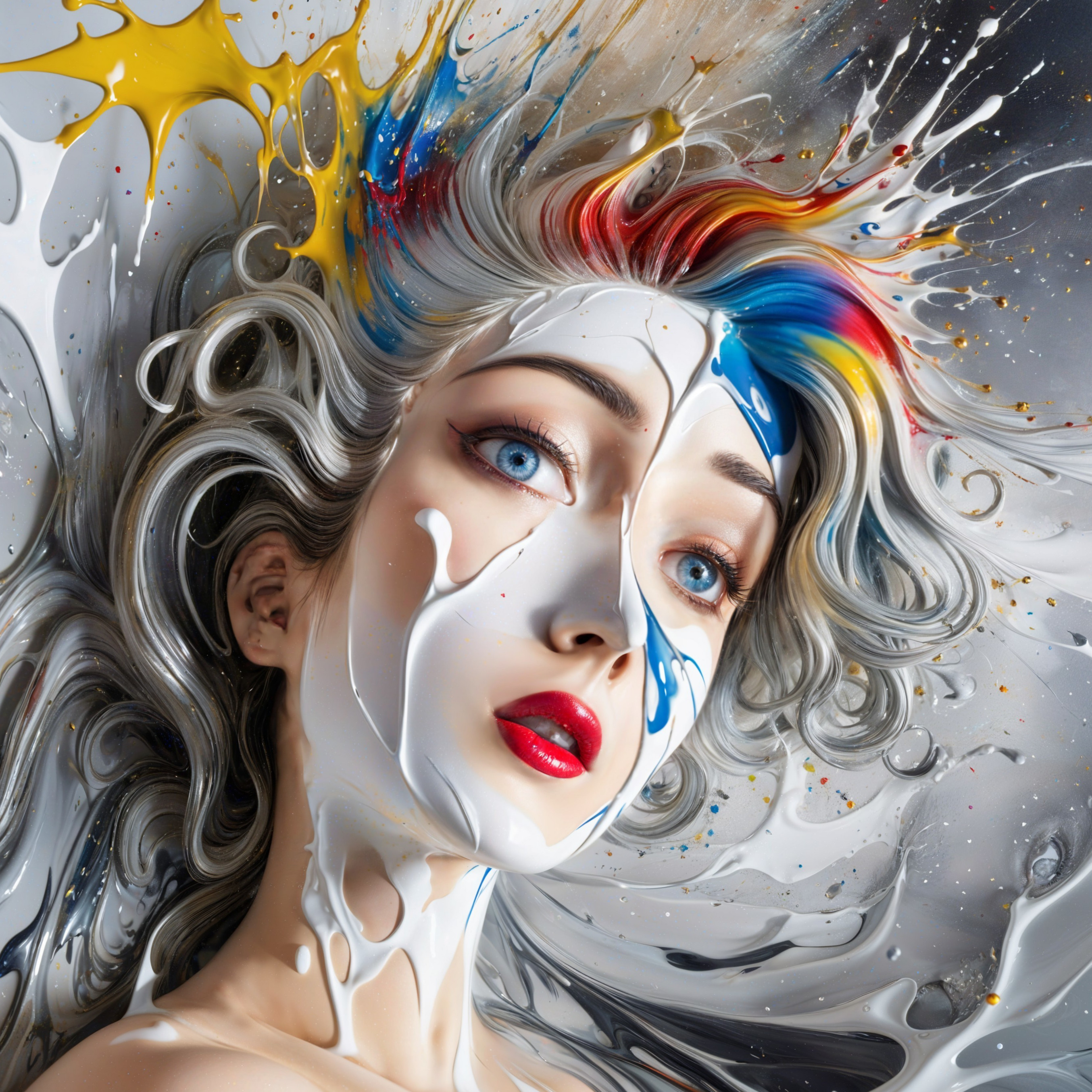 Surreal Portrait of Woman in Colorful Fluid Mixture