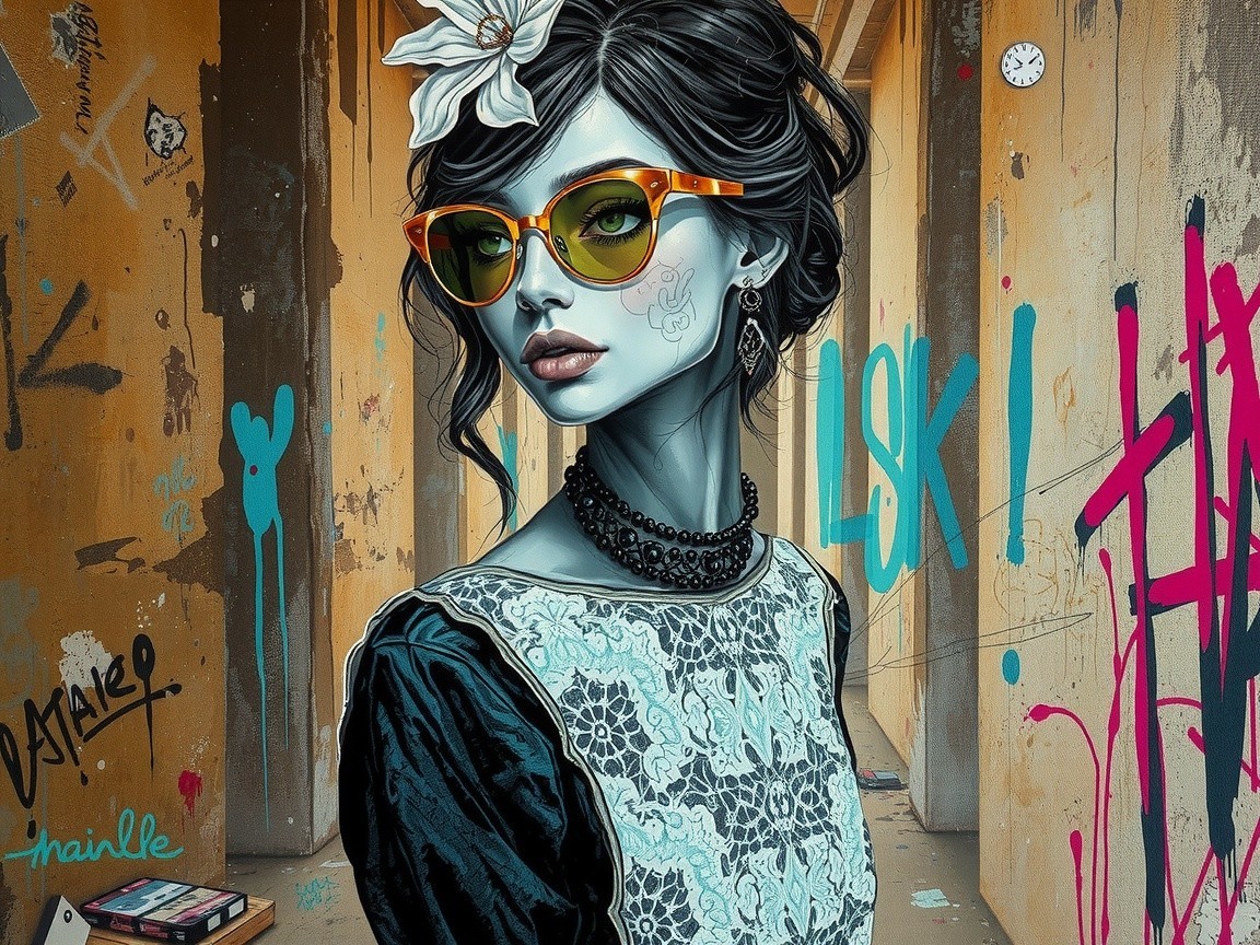 Stylish Woman with Blue Skin and Urban Graffiti Background