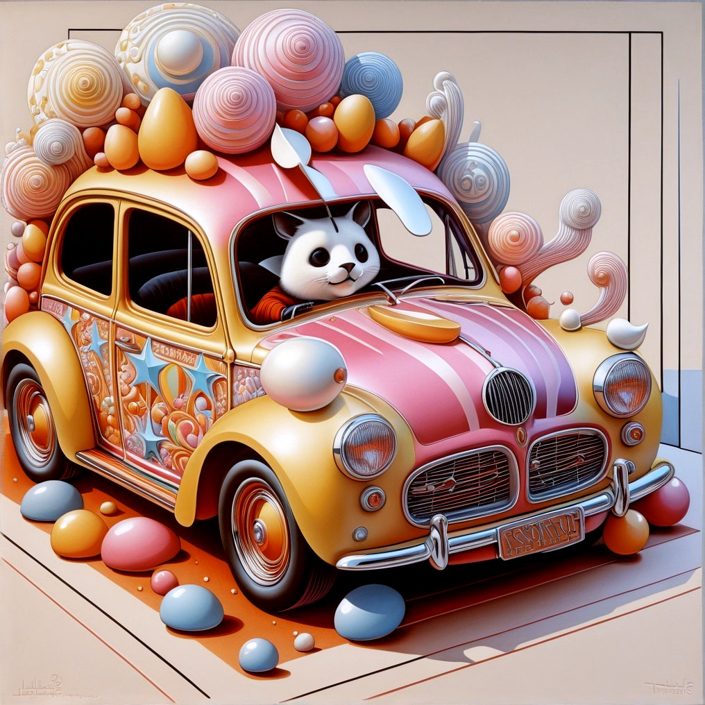 Whimsical Rabbit Character in Retro Colorful Car