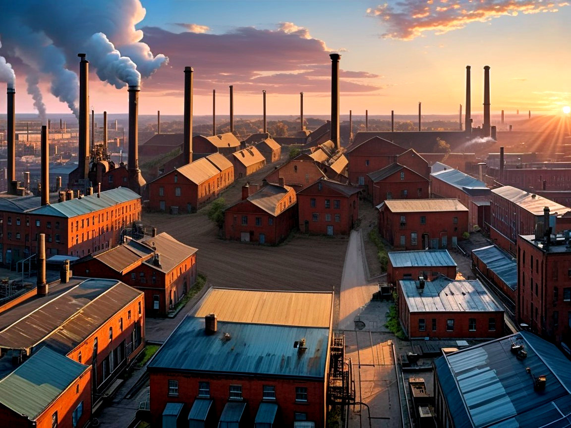 Industrial Complex at Sunset with Smokestacks and Sky