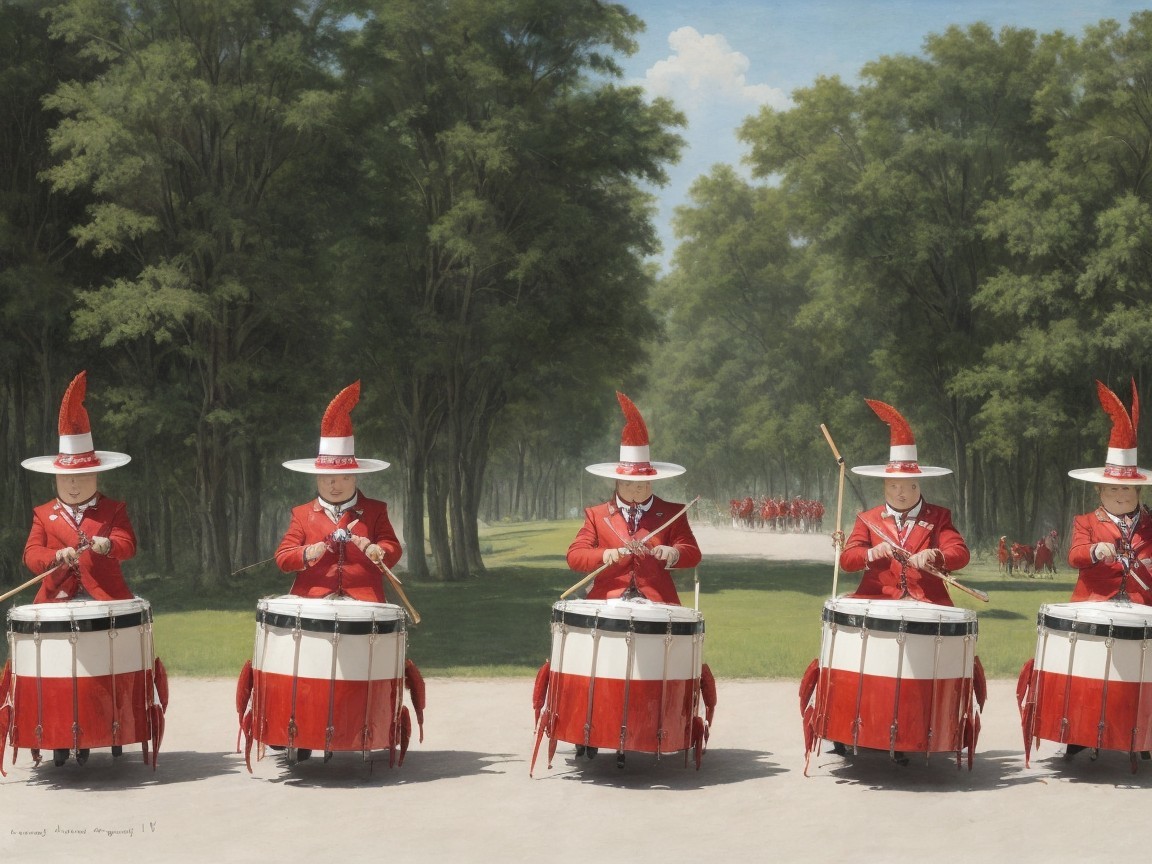 Drummers in Red Uniforms Performing at a Festive Parade