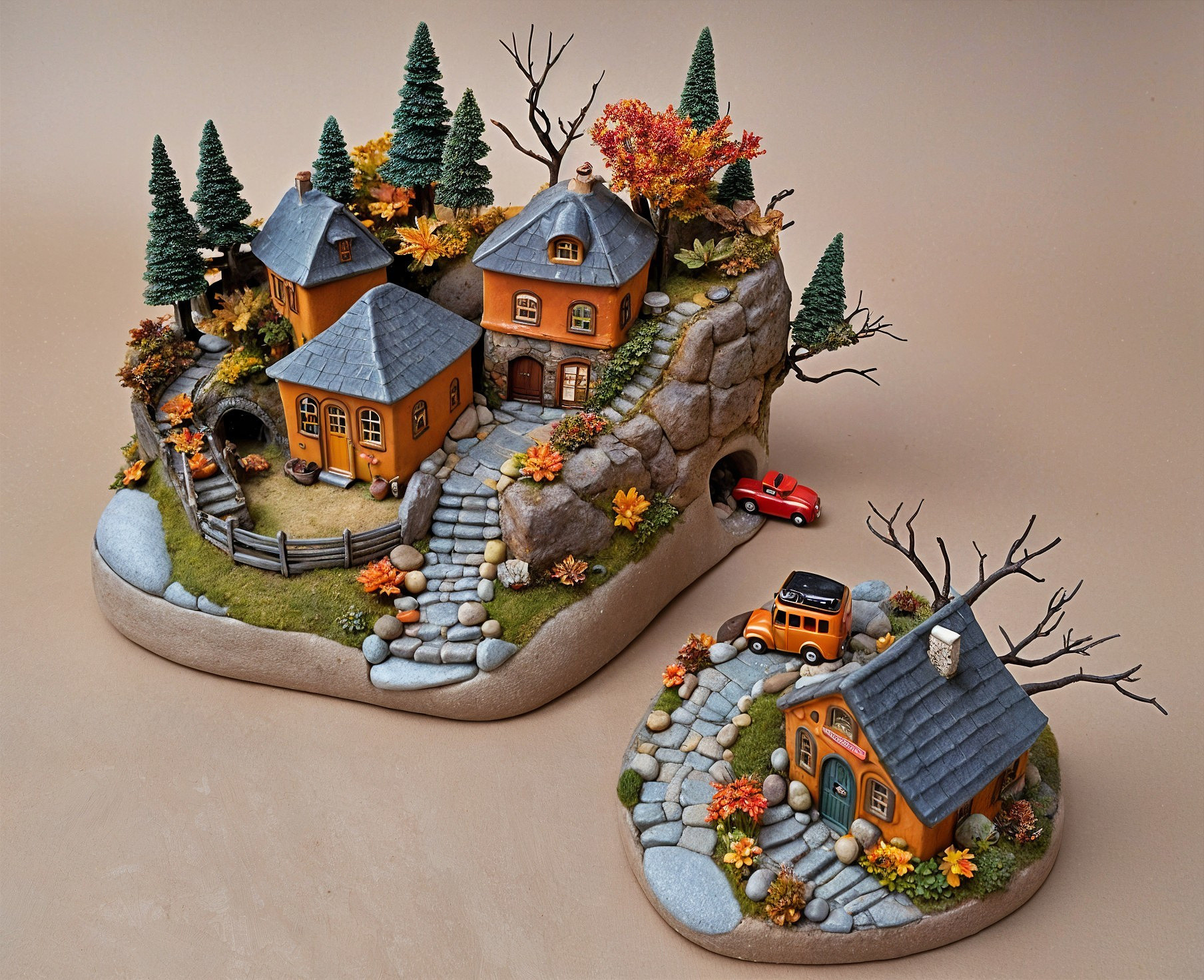 Miniature Village with Quaint Houses and Autumn Foliage