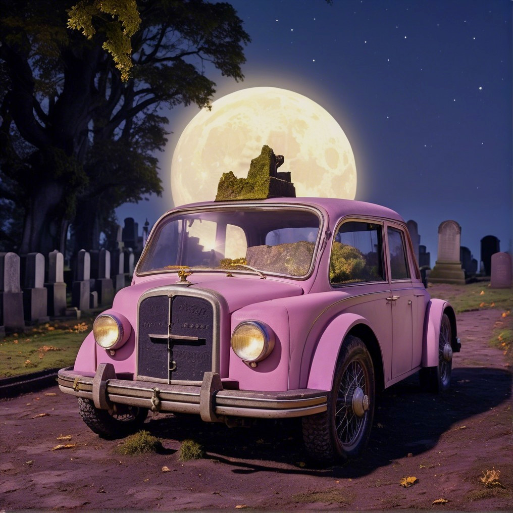 Vintage Pink Car in Moonlit Graveyard Scene
