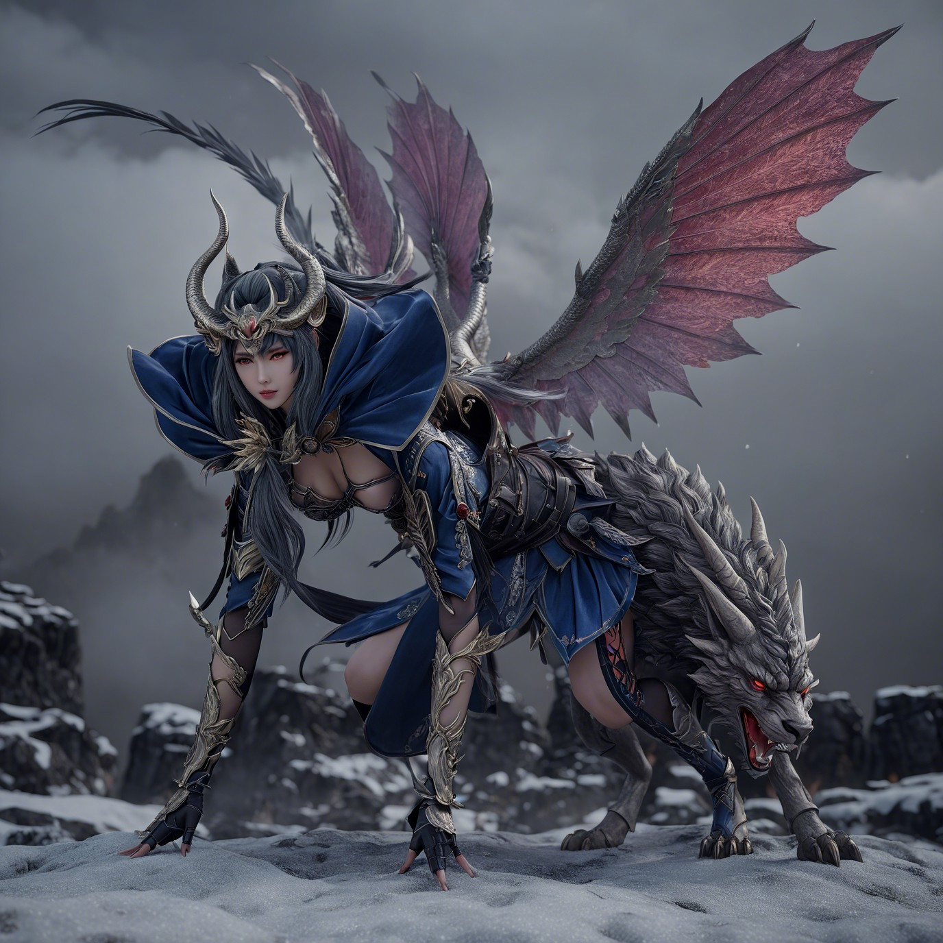 Warrior with Horns and Wolf in Wintry Landscape