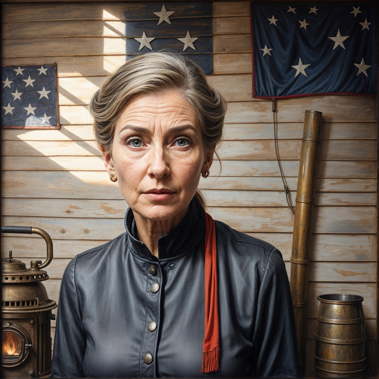 Middle-aged woman in leather jacket by vintage flags
