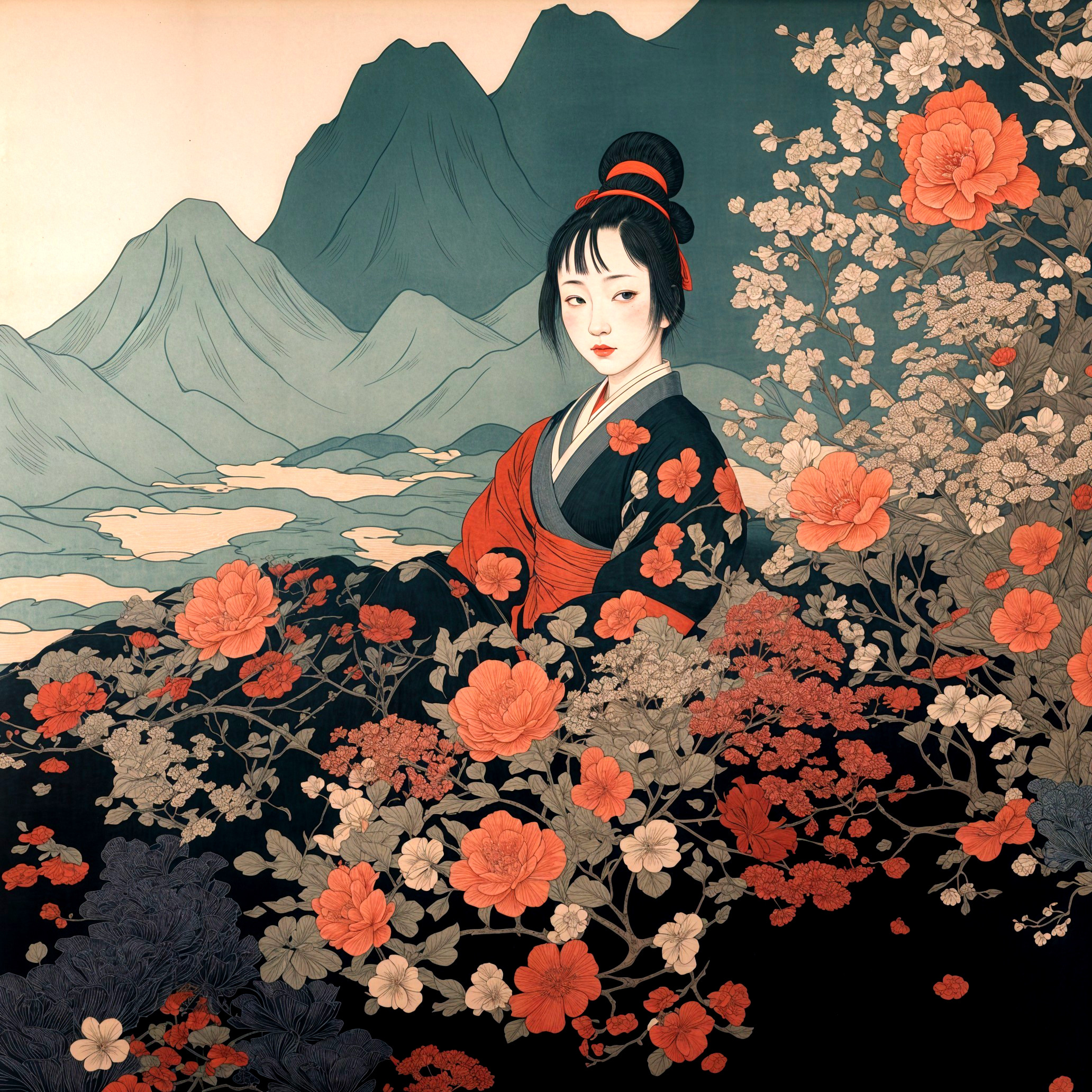 Woman in Traditional Attire Surrounded by Vibrant Flowers
