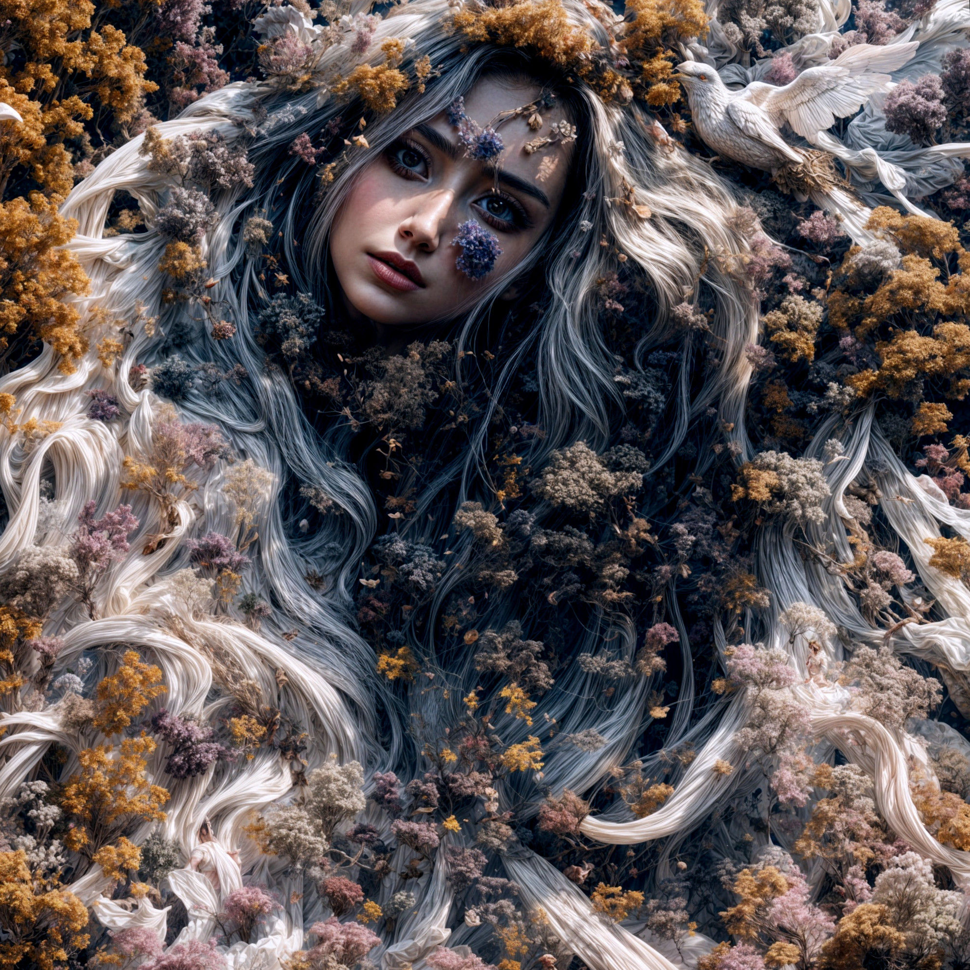 Surreal Portrait of Woman with Floral Background
