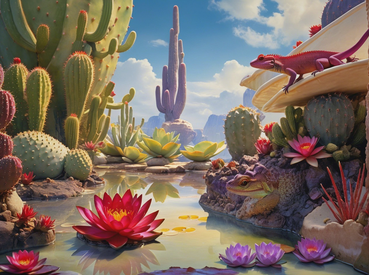 Vibrant Desert Oasis with Cacti and Lotus Flowers