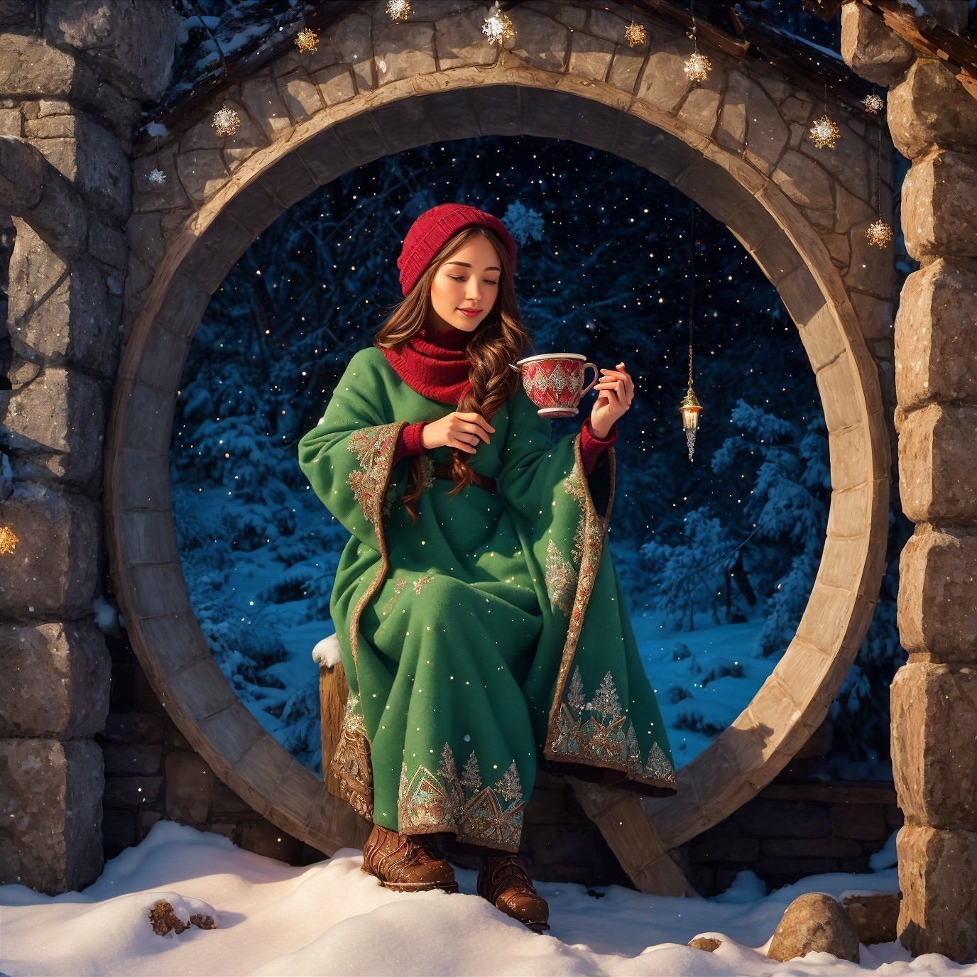 Young woman in moon gate with snowy forest backdrop