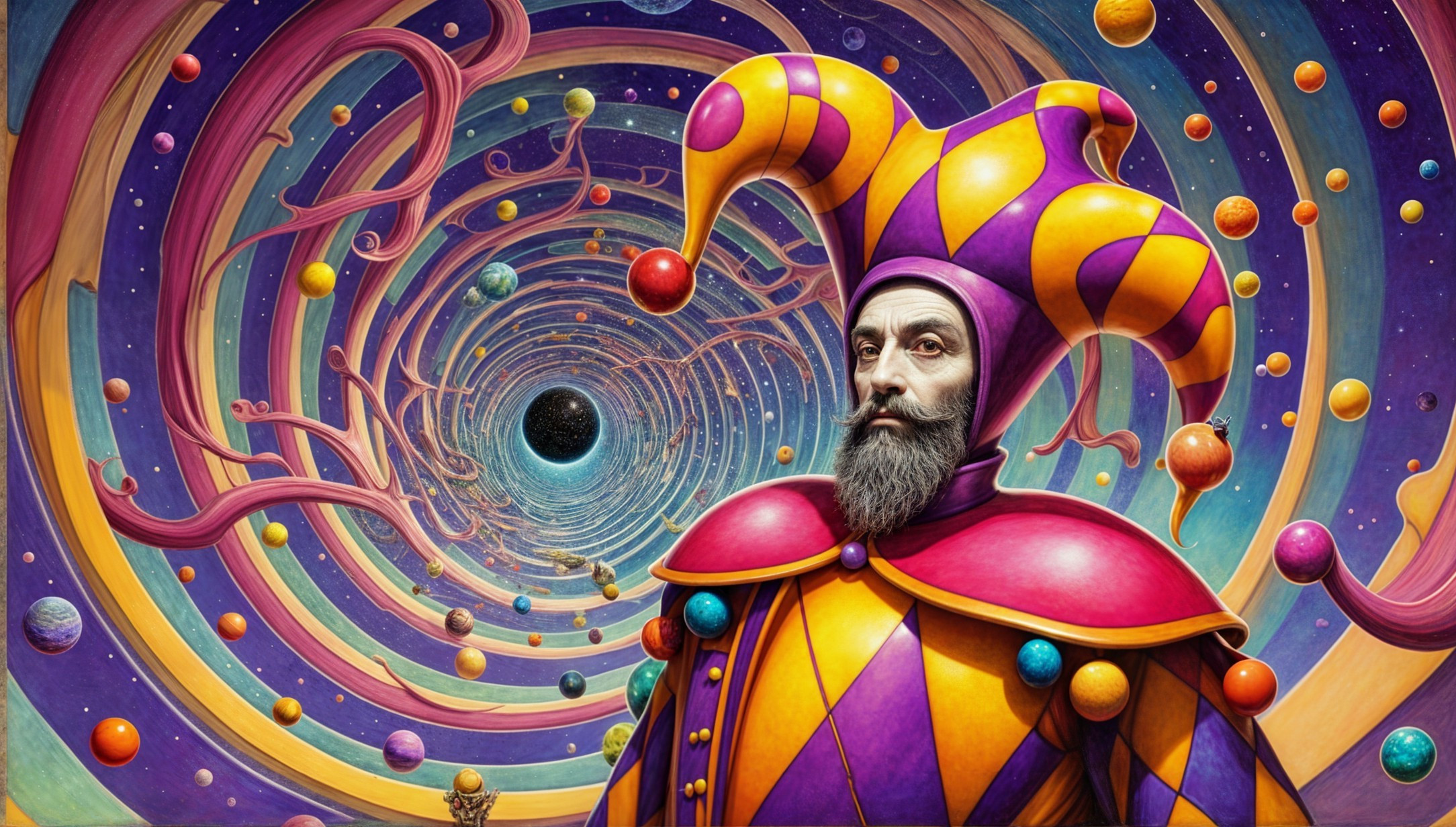 Whimsical Jester in Cosmic Tunnel with Vibrant Colors