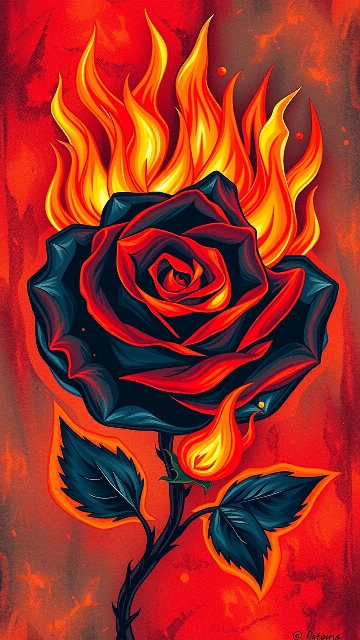 Black Rose Against Fiery Flames in Artwork