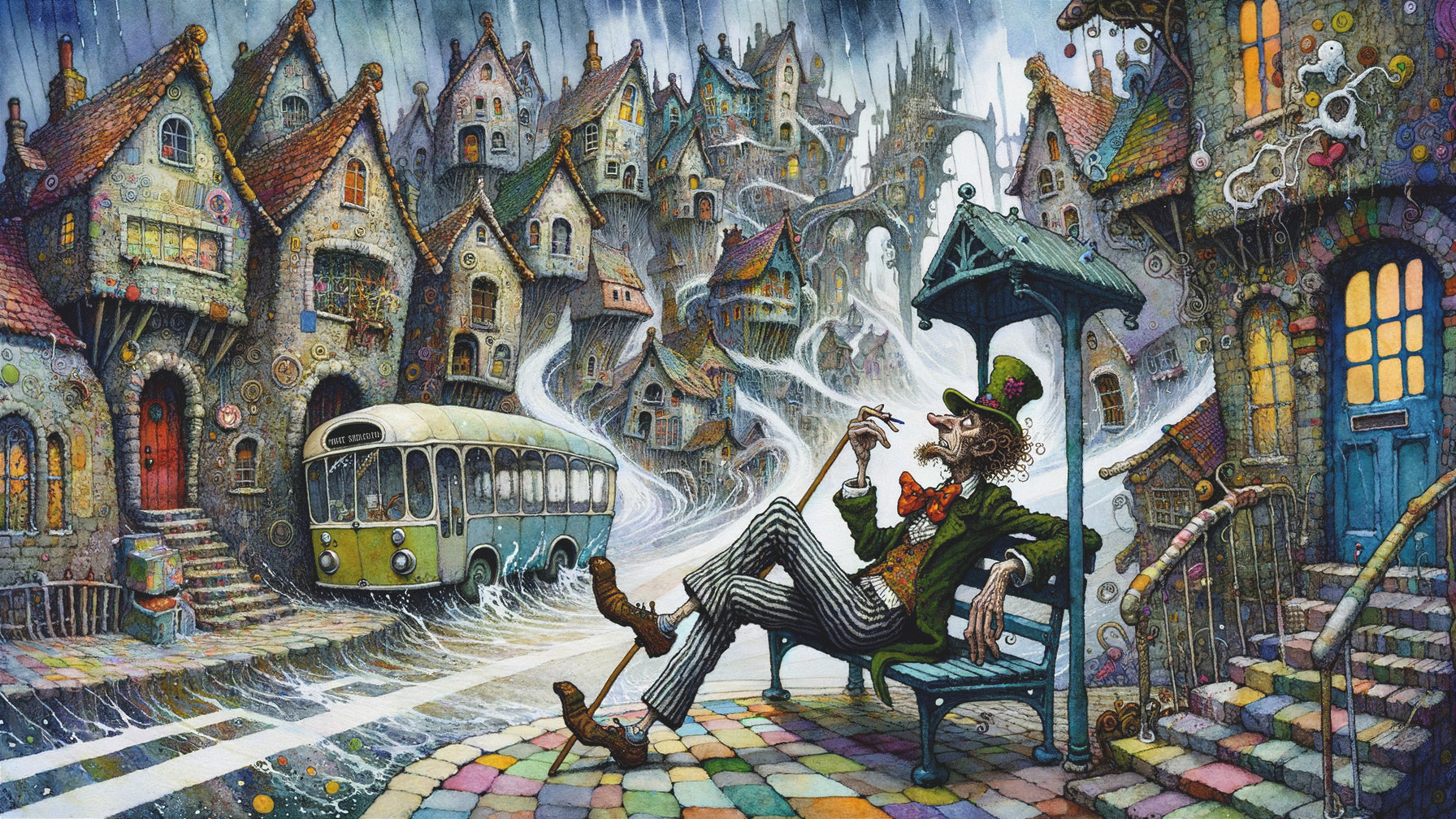 Whimsical Village with Colorful Streets and Quirky Character