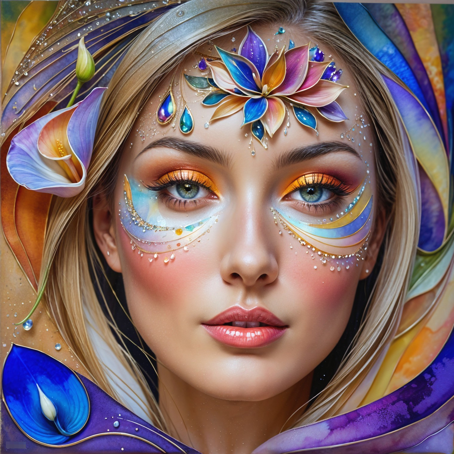 Portrait of a Woman with Floral Face Paint and Jewels