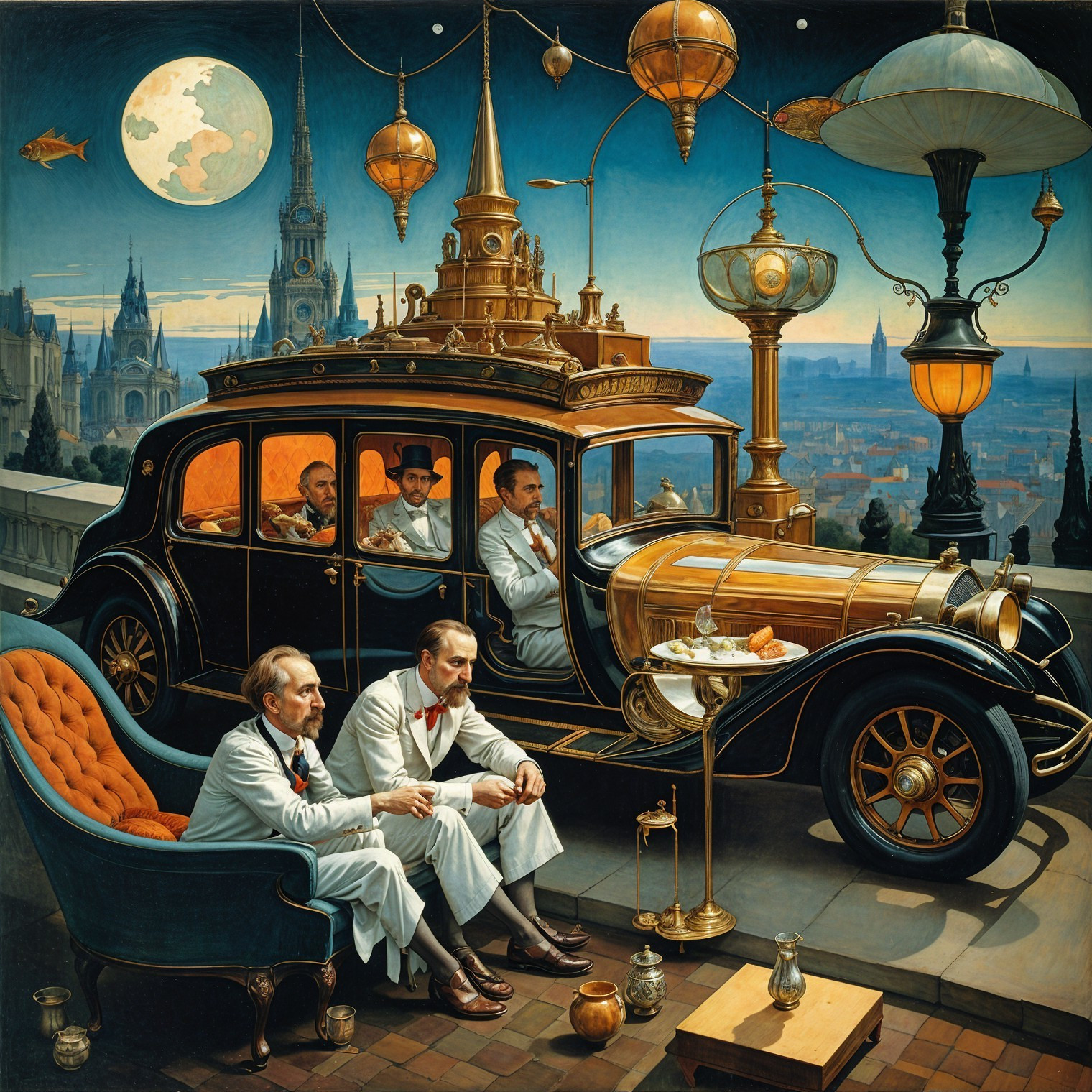 Vintage Car in Moonlit Cityscape with Elegant Decor