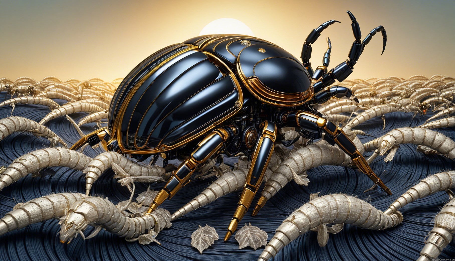 Metallic Beetle in Surreal Landscape with Armored Creatures