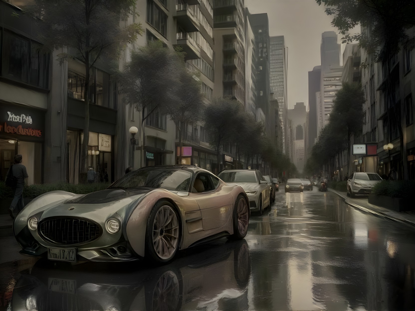 Futuristic Sports Car in Rainy Urban Cityscape