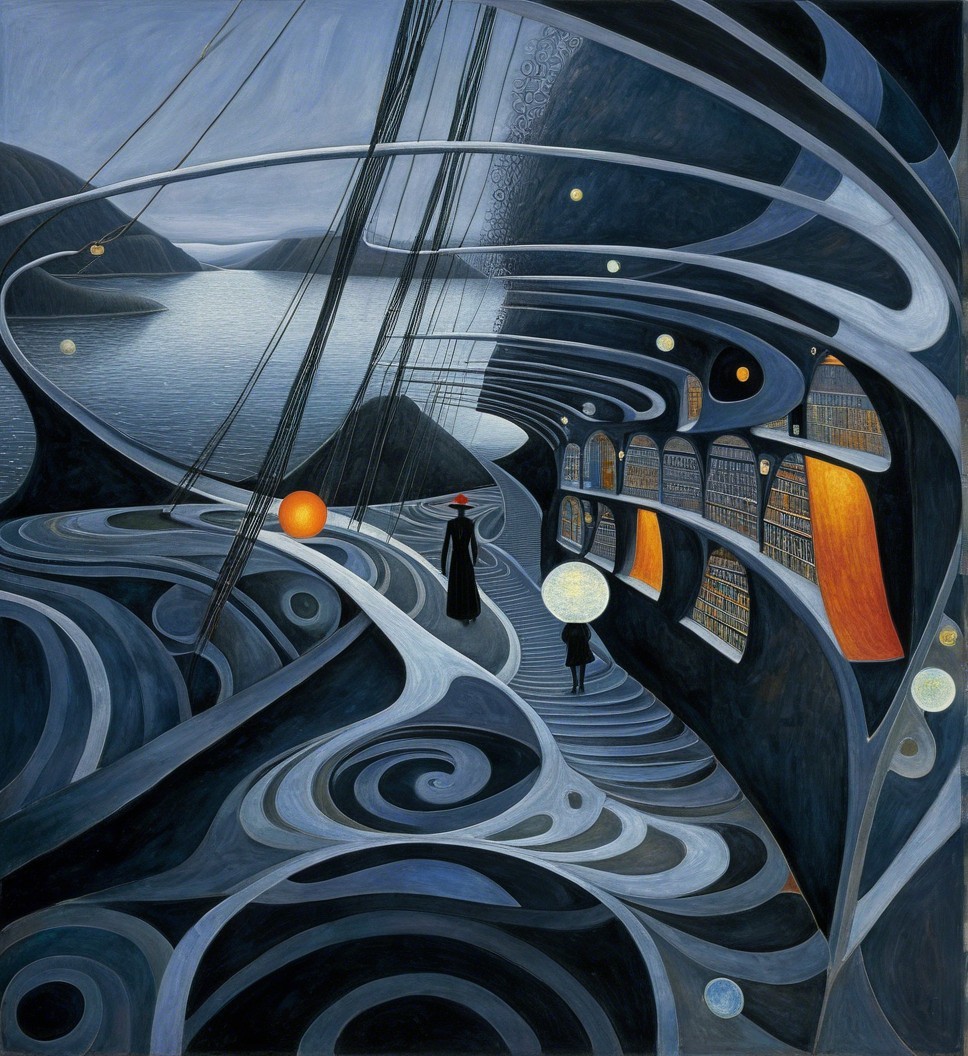 Surreal Abstract Landscape with Figures and Geometry