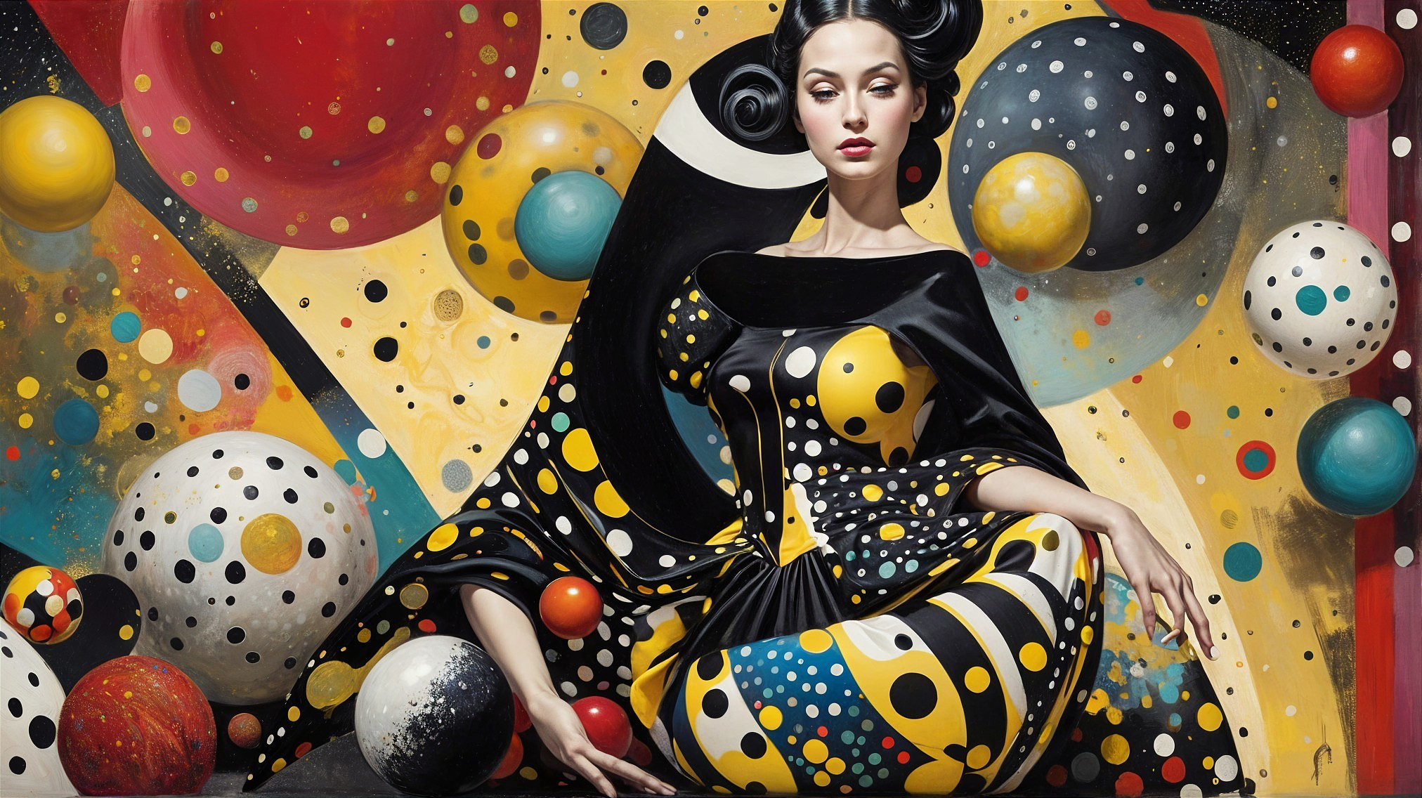 Colorful Artwork of Woman in Polka-Dotted Outfit