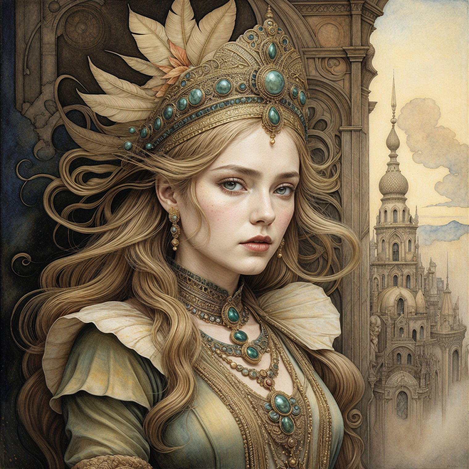 Regal Woman in Intricate Gown and Crown in Mystical Setting