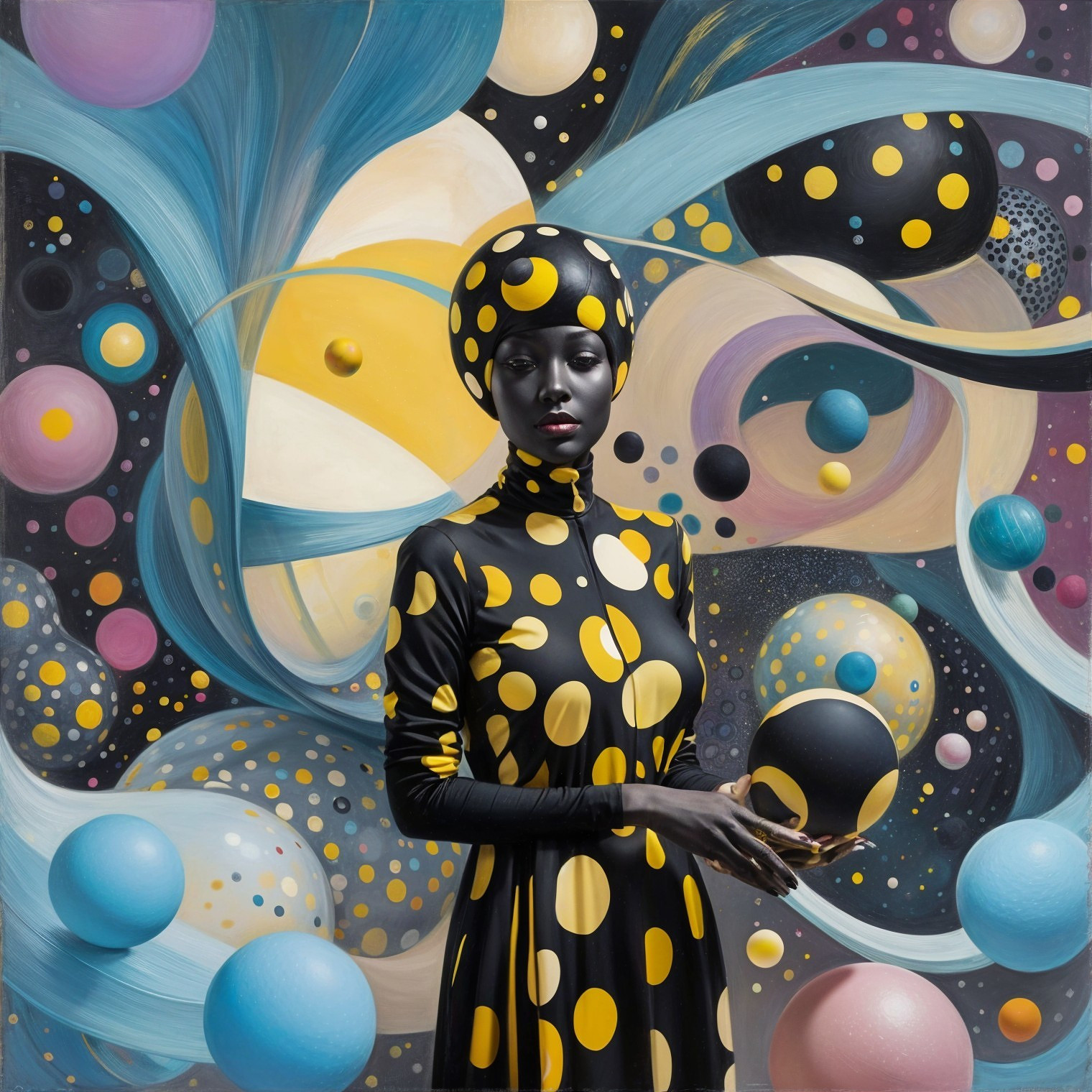 Black Dress with Yellow Polka Dots Against Cosmic Background