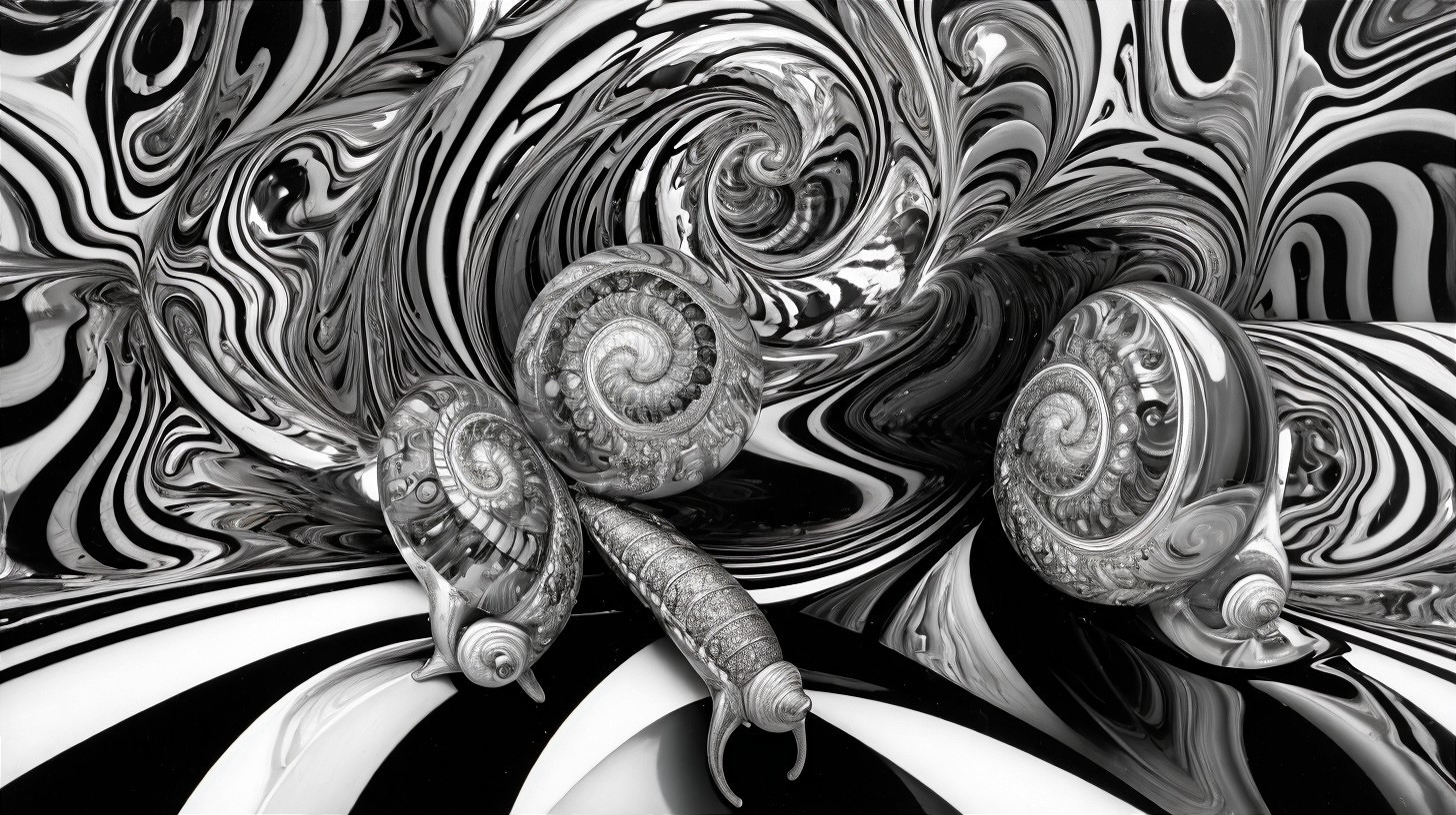 Surreal Black-and-White Composition with Snail Shells