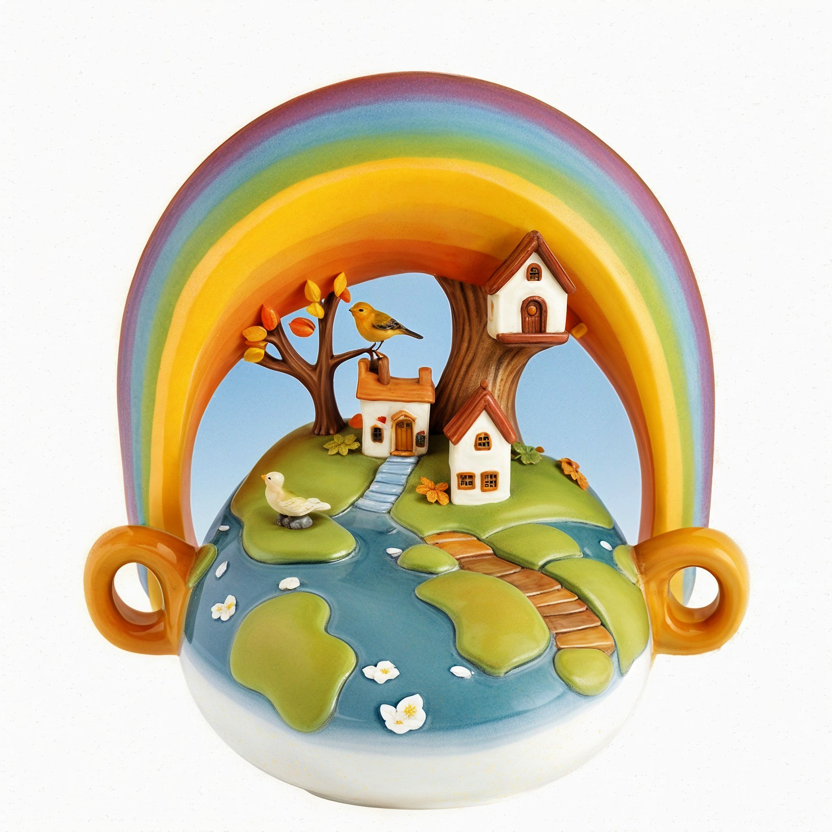Whimsical Vase with Rainbow and Serene Landscape