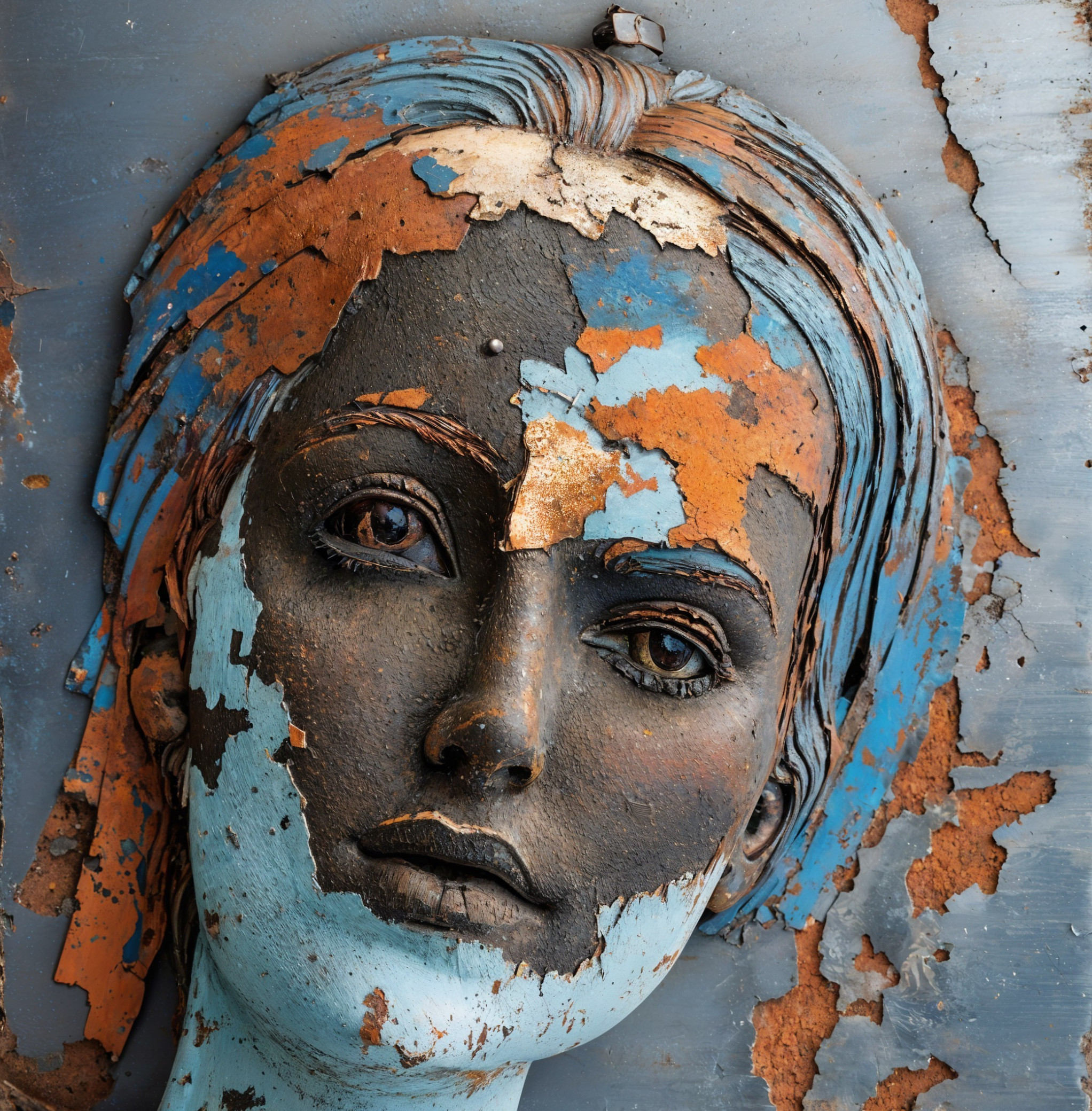 Close-Up of a Weathered, Stylized Face Sculpture